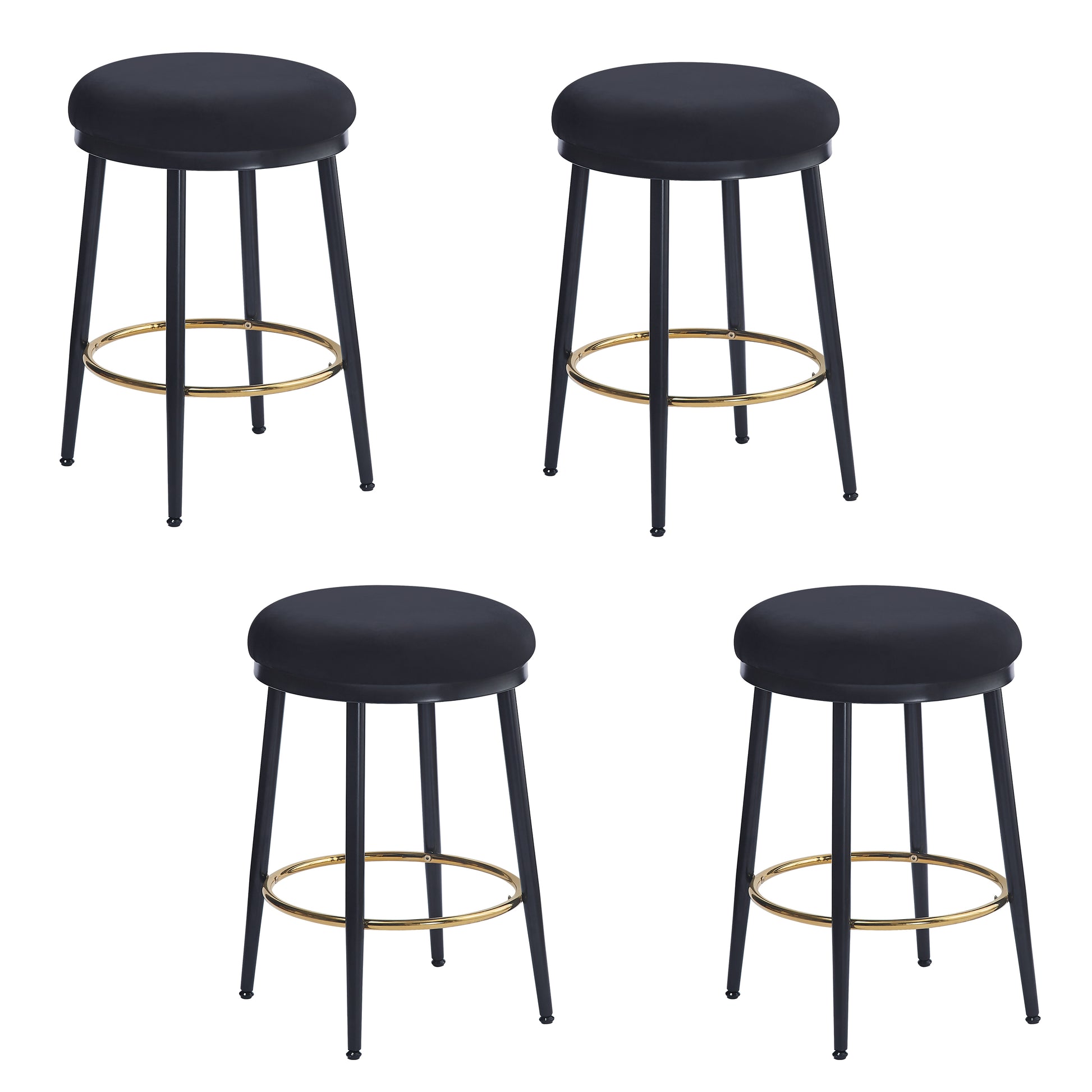 Set of four black upholstered bar stools with gold footrests