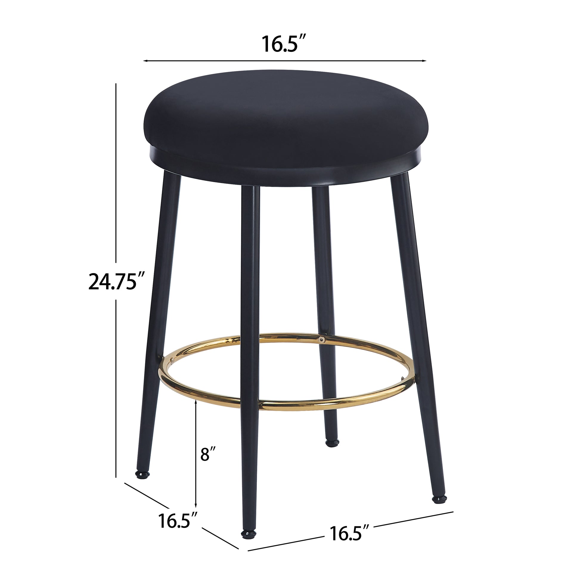 Black velvet backless bar stool with gold footrest and metal legs