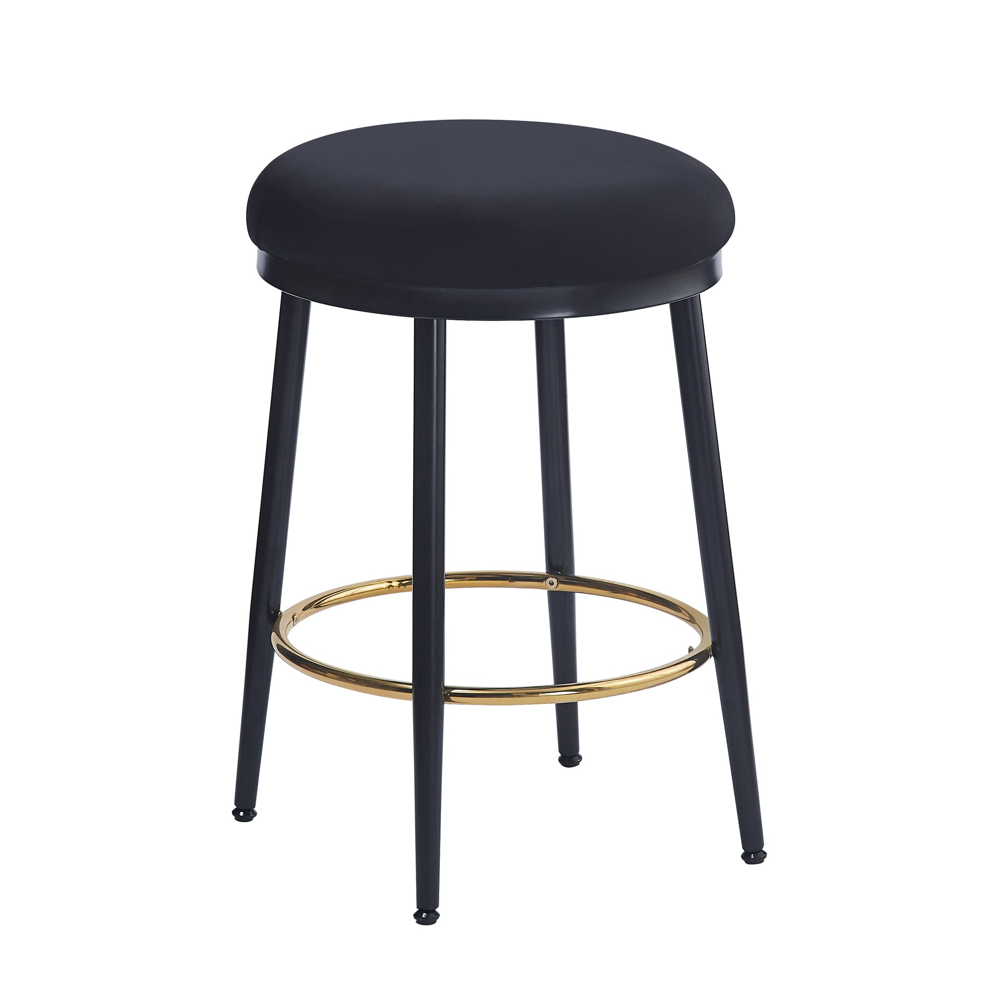 Black velvet padded stool with gold footrest and black metal legs