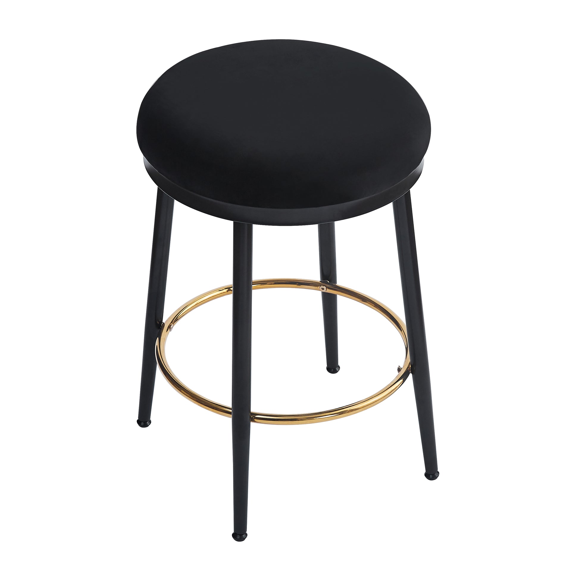Black upholstered round seat bar stool with gold footrest ring