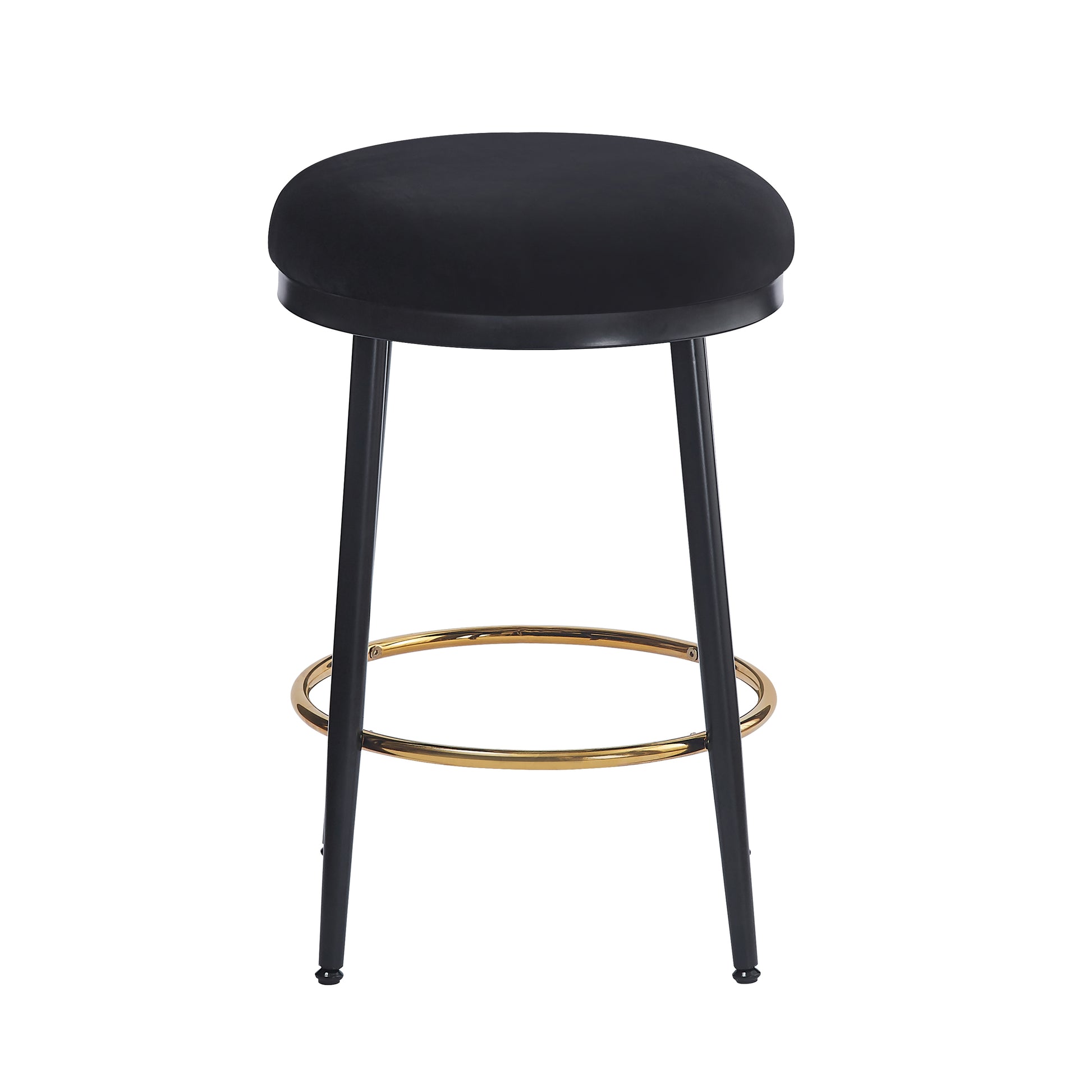 Black velvet round top bar stool with gold footrest and black metal legs