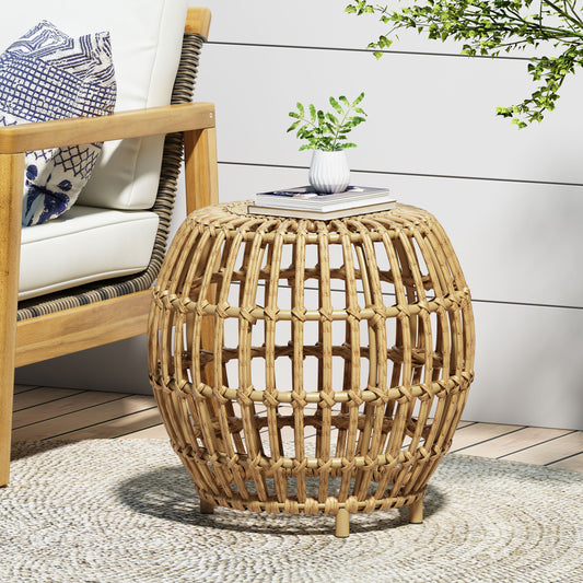 Round natural rattan outdoor side table with woven detail