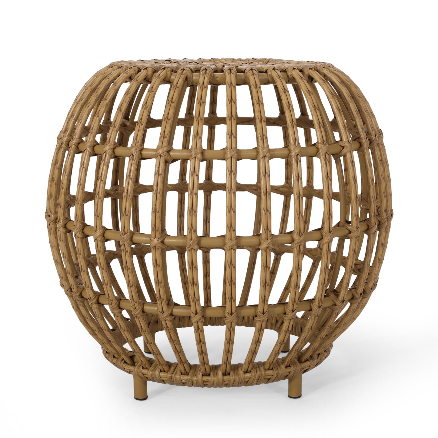 Round natural rattan stool with woven openwork design and four short legs