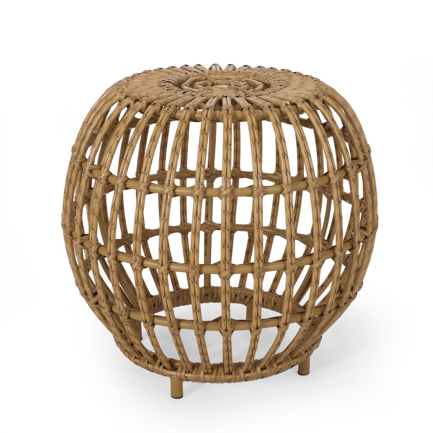 Round wicker ottoman with natural cane weave and minimalist legs