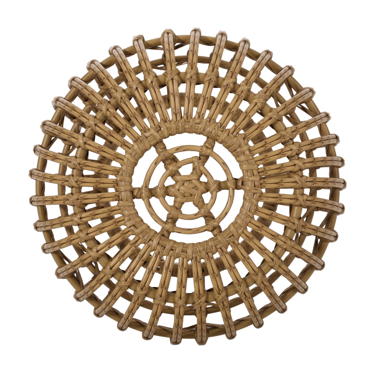 Woven rattan stool top with intricate crisscross pattern in natural tan