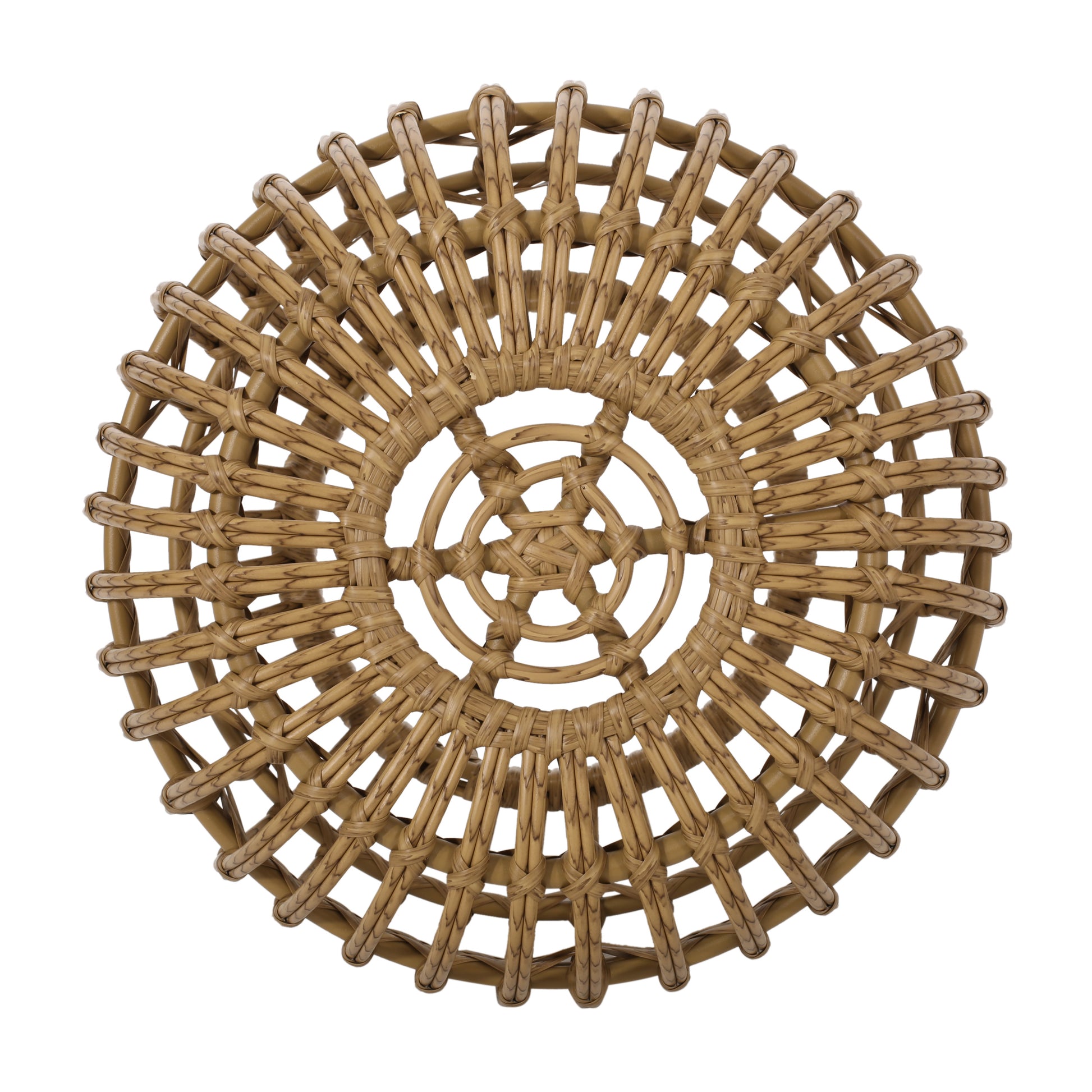 Woven rattan stool top with intricate crisscross pattern in natural tan