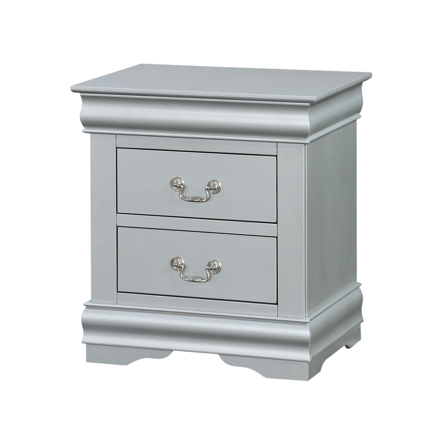 Silver twodrawer nightstand with ornate silver pulls and curved base