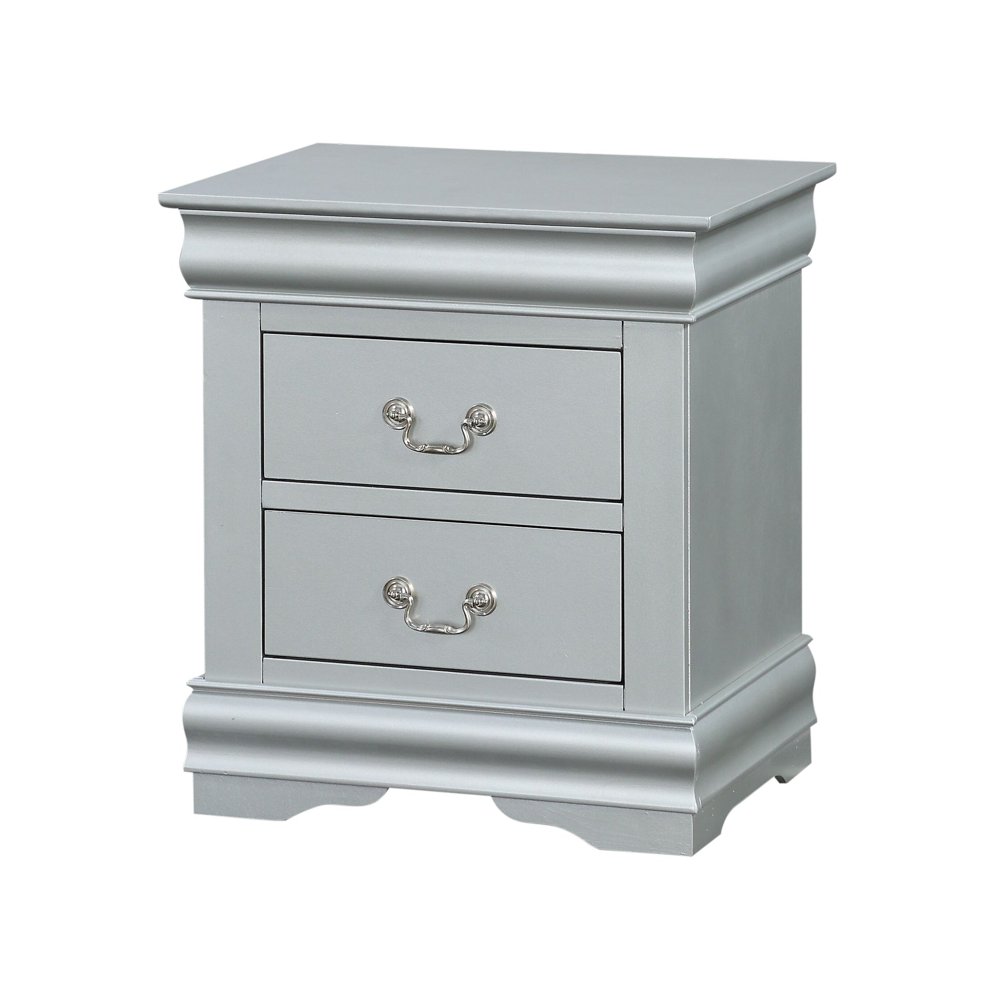 Silver twodrawer nightstand with ornate silver pulls and curved base