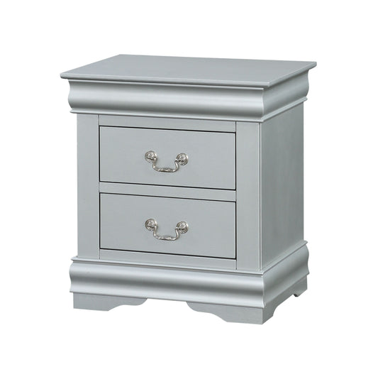 Silver twodrawer nightstand with ornate silver pulls and curved base