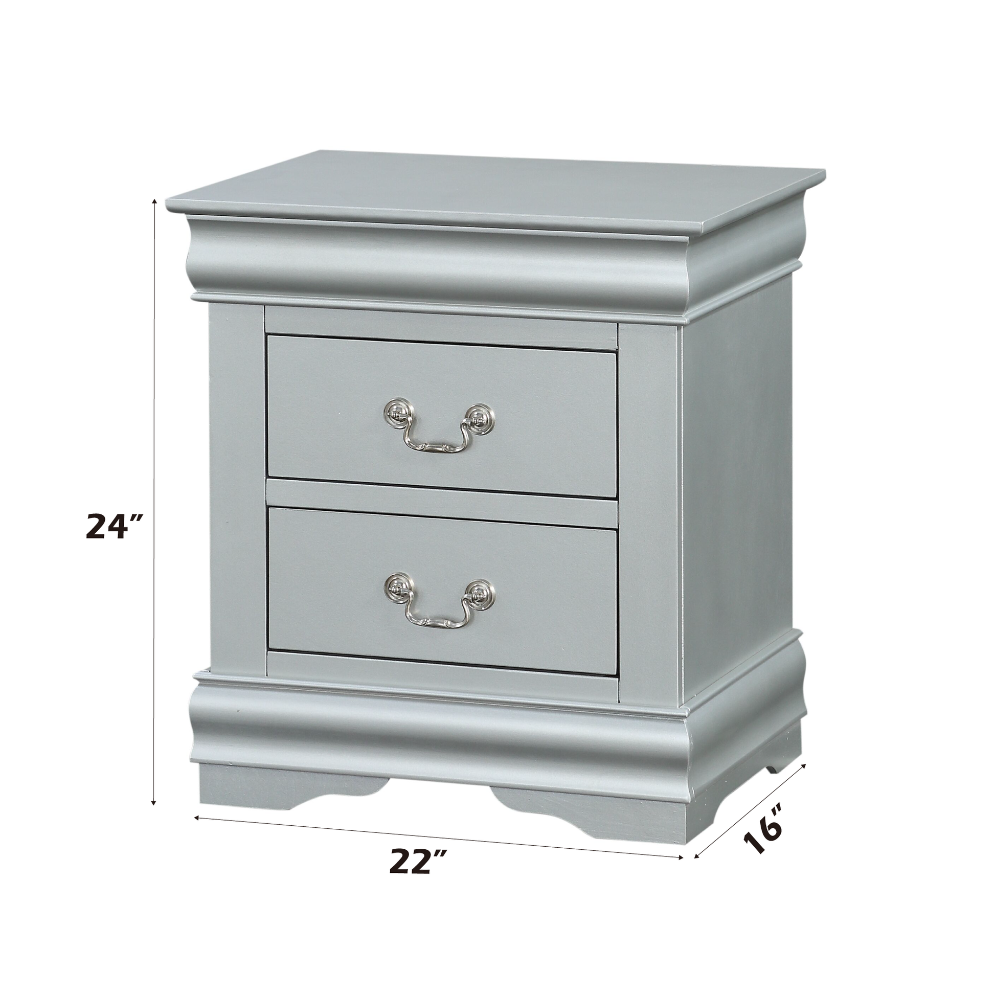 Silver twodrawer nightstand with ornate pull handles and curved base
