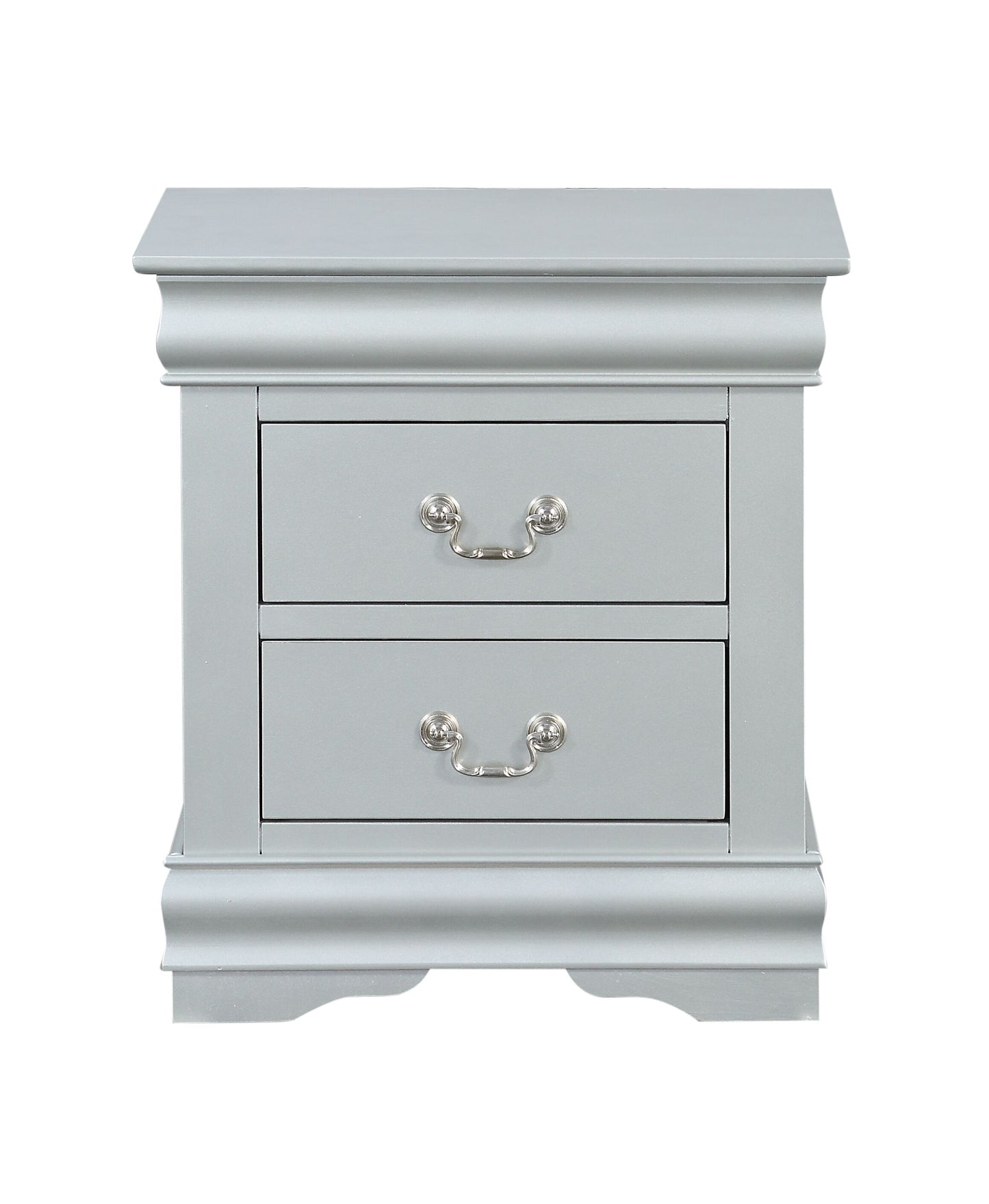Light gray twodrawer nightstand with silver hardware