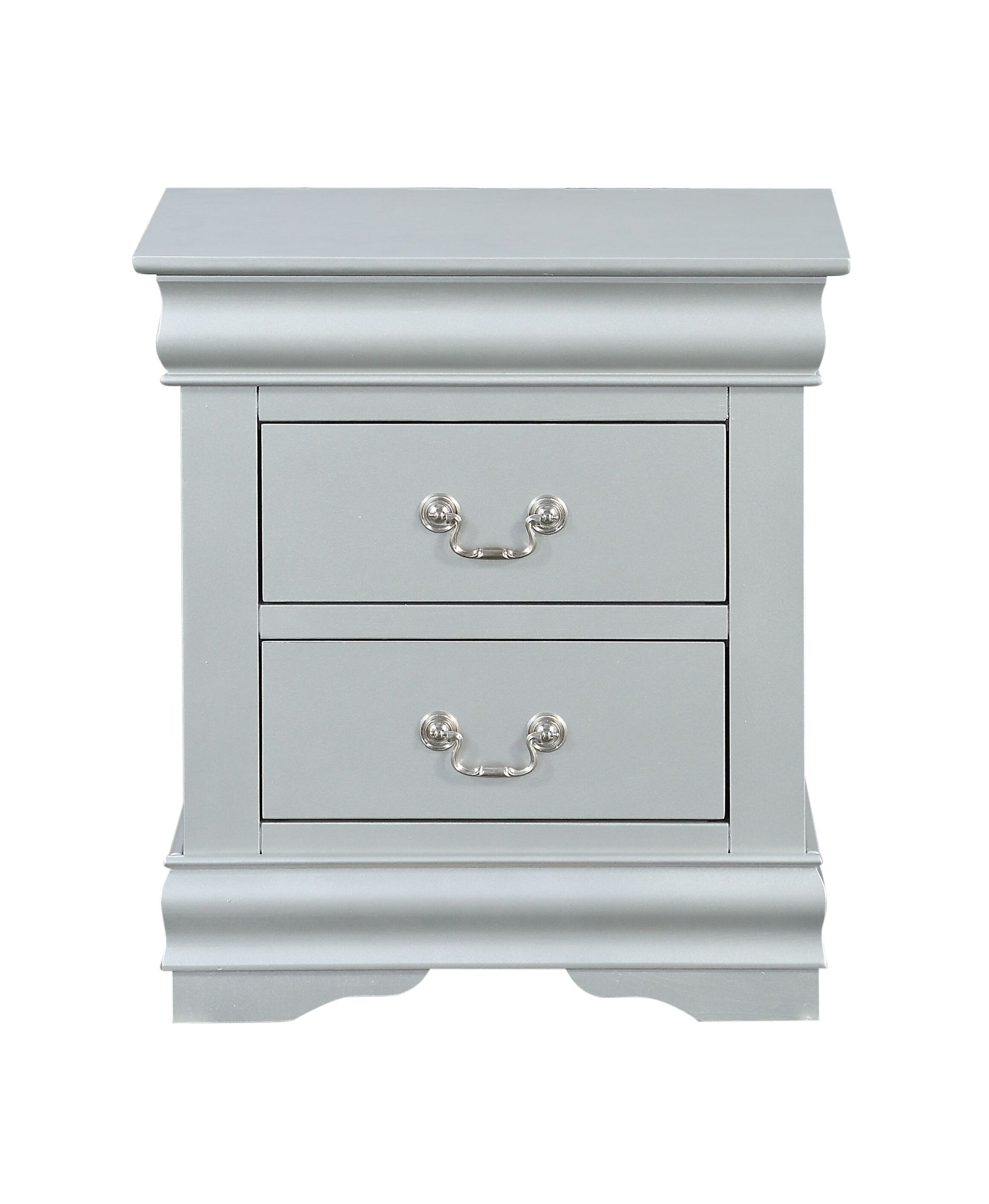 Light gray twodrawer nightstand with silver hardware