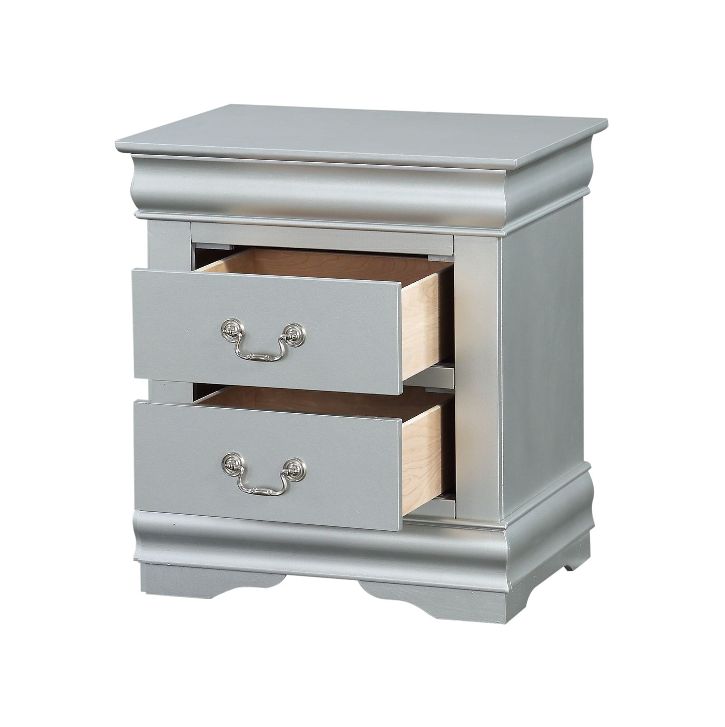 Silver metallic finish twodrawer nightstand with ornate pulls and woodlined drawers
