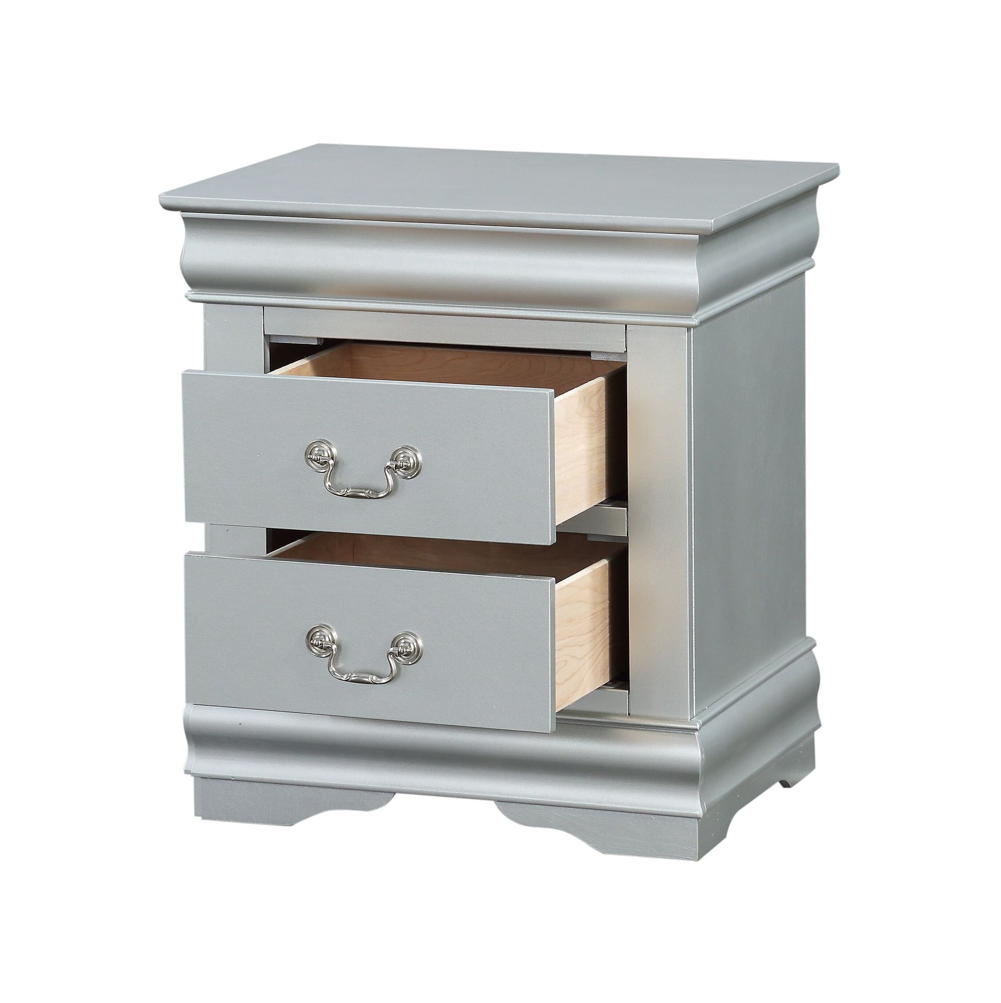 Silver metallic finish twodrawer nightstand with ornate pulls and woodlined drawers