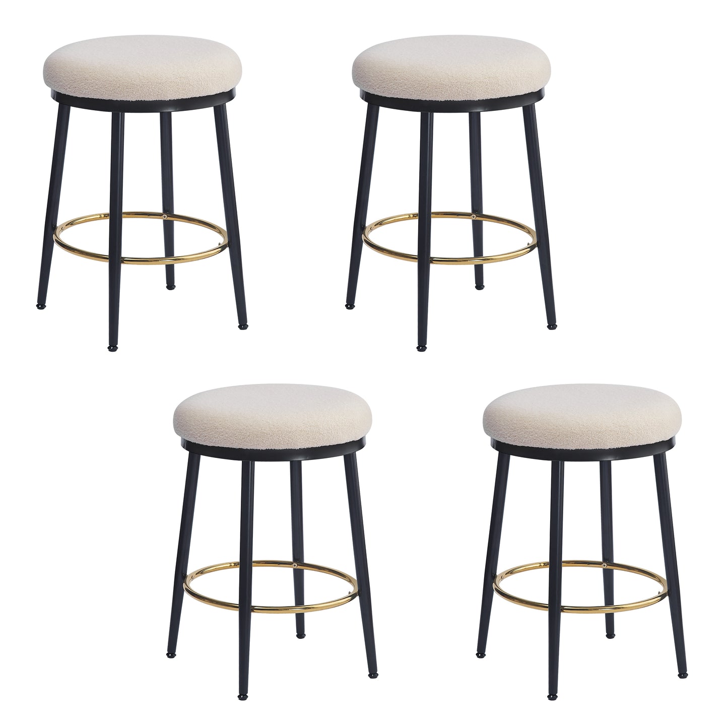 Cream boucle bar stool with black legs and gold footrest