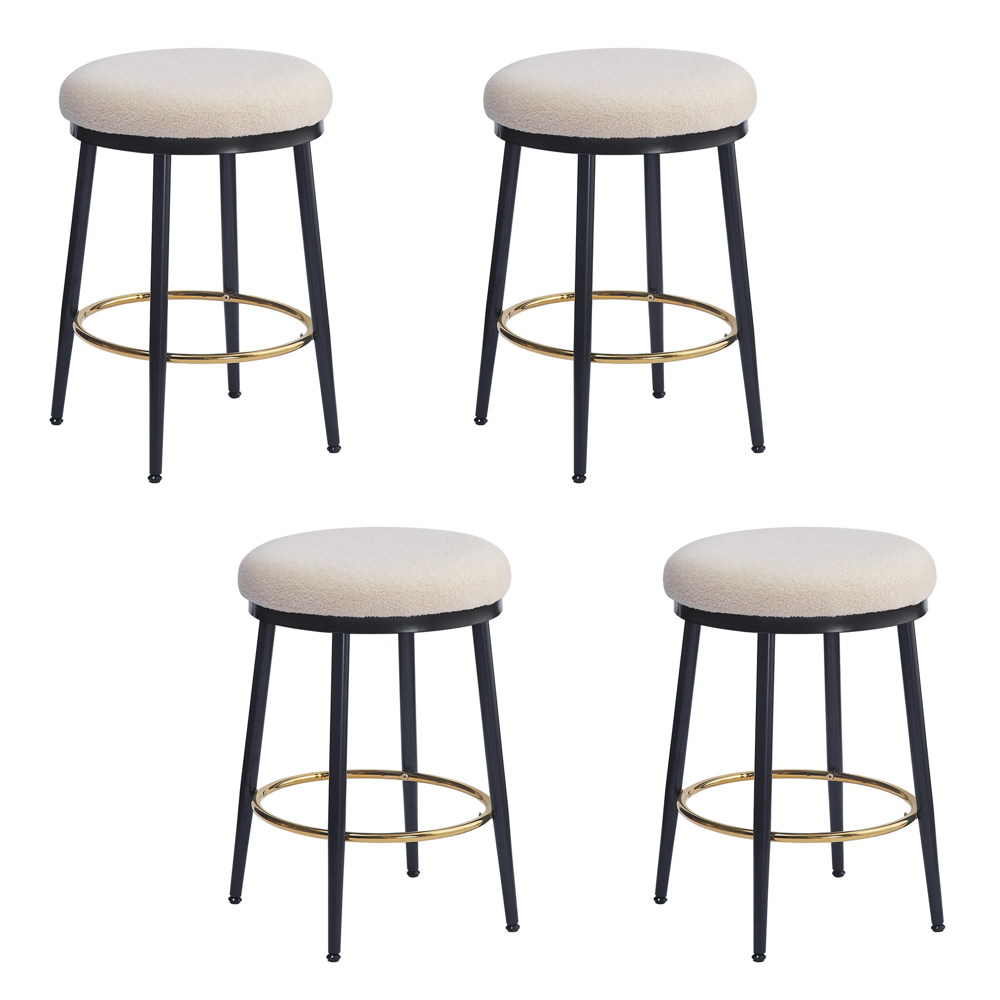 Cream boucle bar stool with black legs and gold footrest