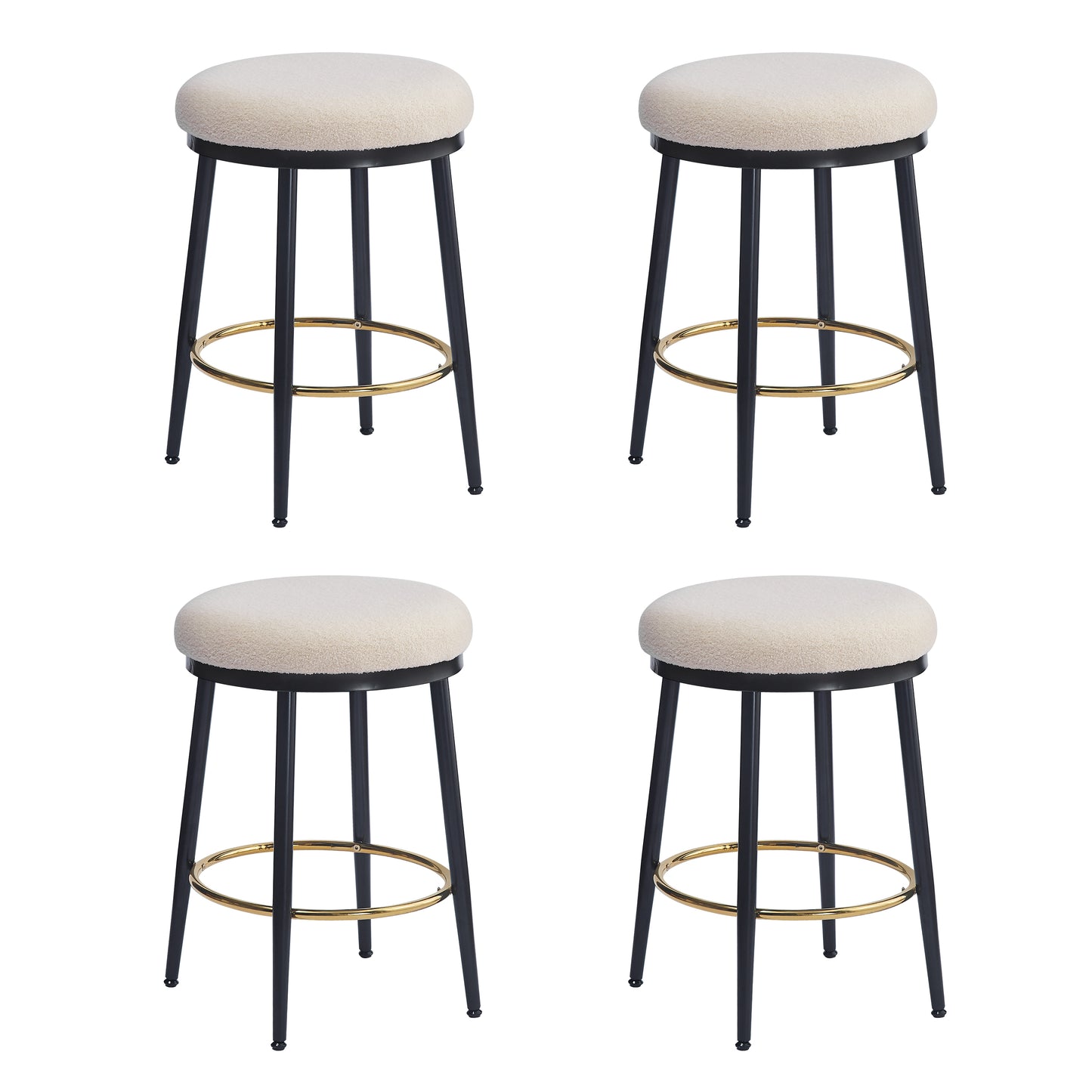 Four modern bar stools with cream boucle seats and black metal legs with gold footrests