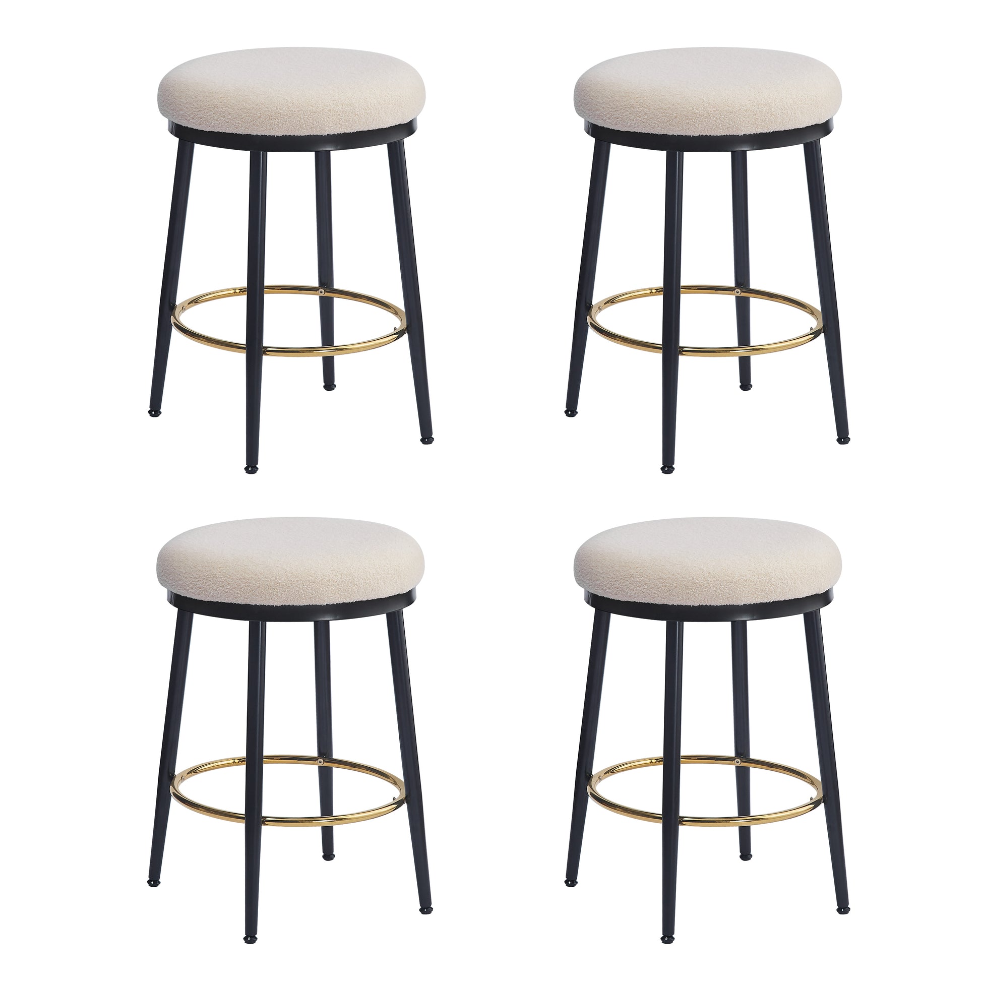 Four modern bar stools with cream boucle seats and black metal legs with gold footrests