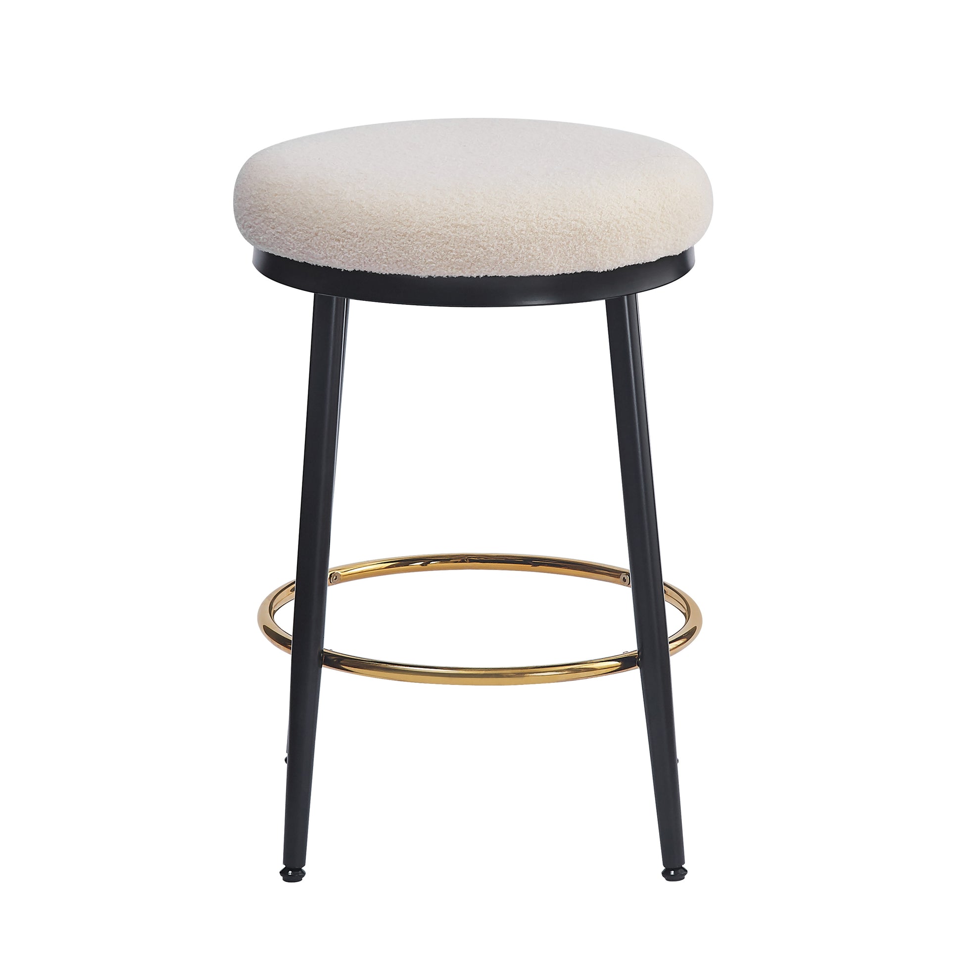 Cream boucle bar stool with black metal legs and gold footrest