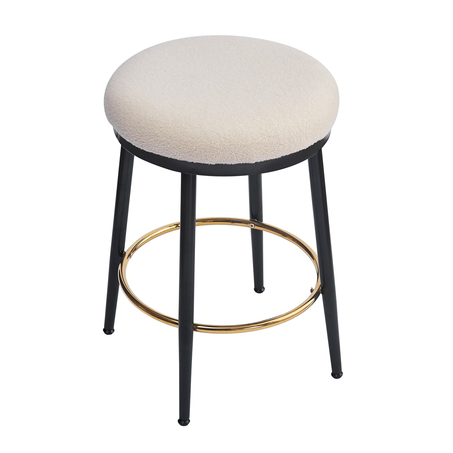 Cream teddy fabric bar stool with black metal legs and gold footrest ring