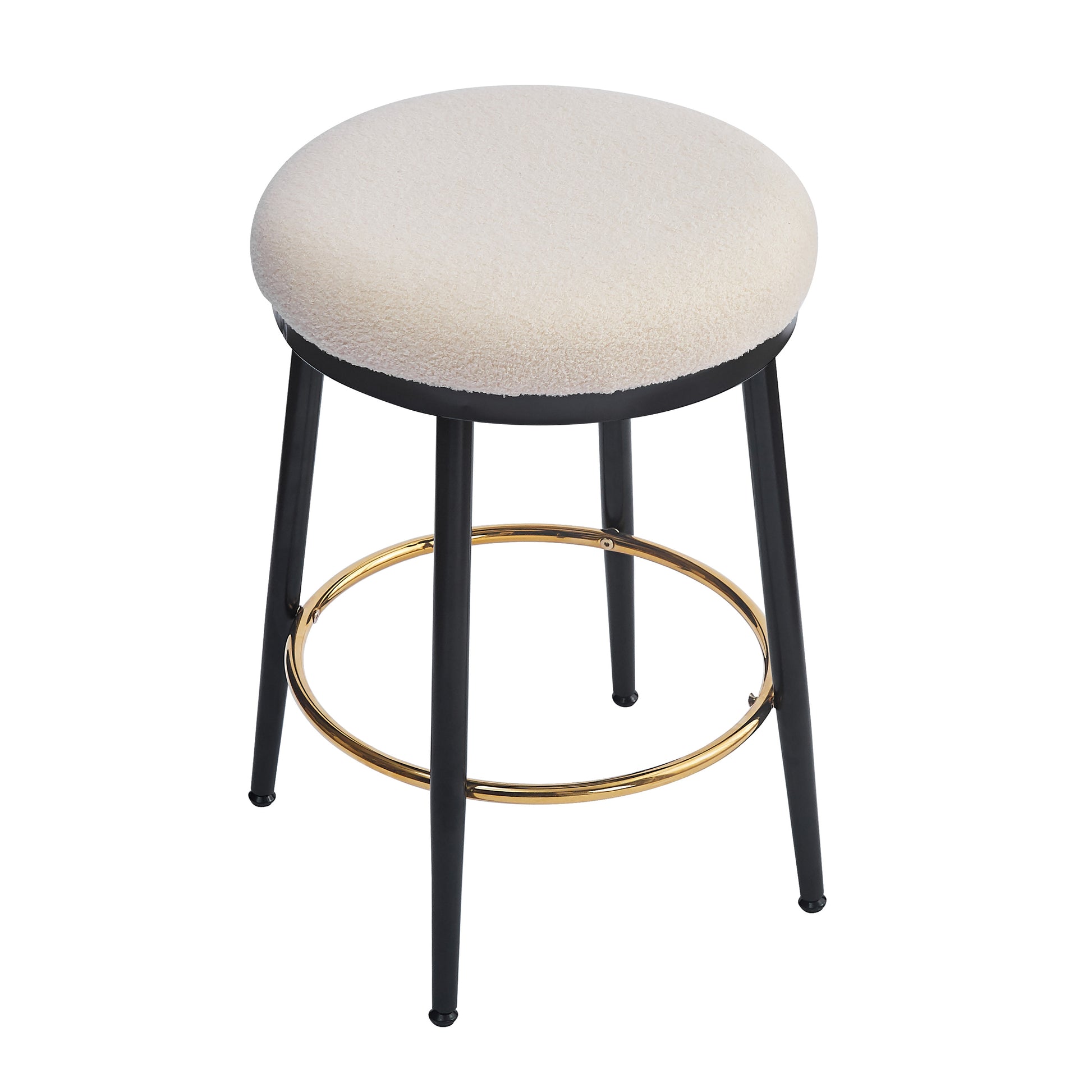 Cream teddy fabric bar stool with black metal legs and gold footrest ring