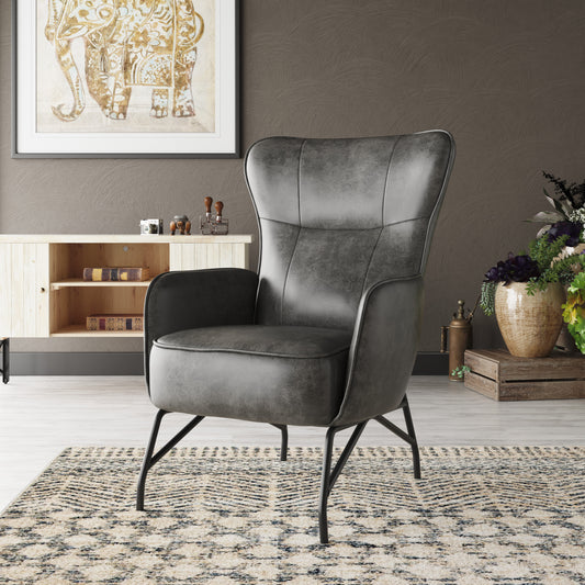 Dark gray faux leather accent chair with black metal legs