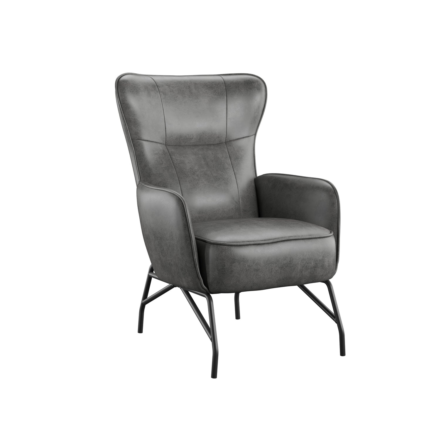 Gray faux leather wingback accent chair with tufted back and dark metal legs