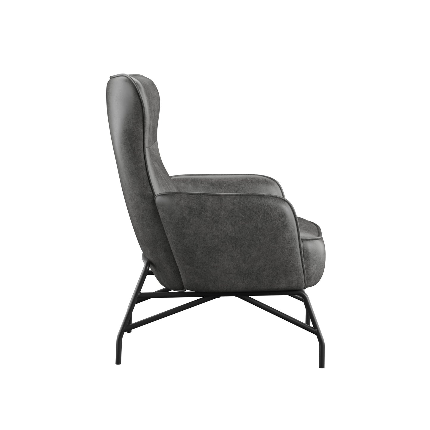 Dark gray leather accent chair with high back and black metal legs