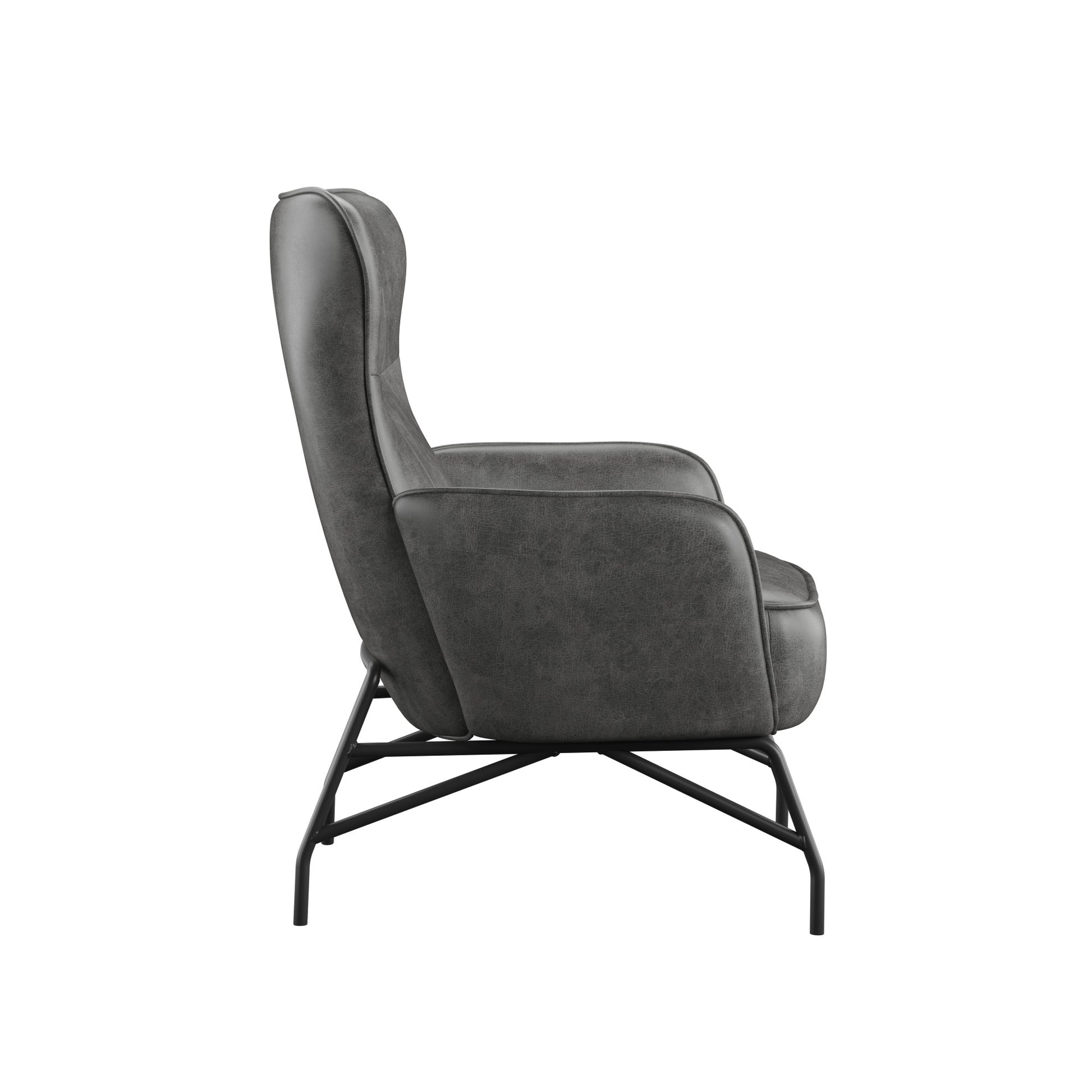 Dark gray leather accent chair with high back and black metal legs