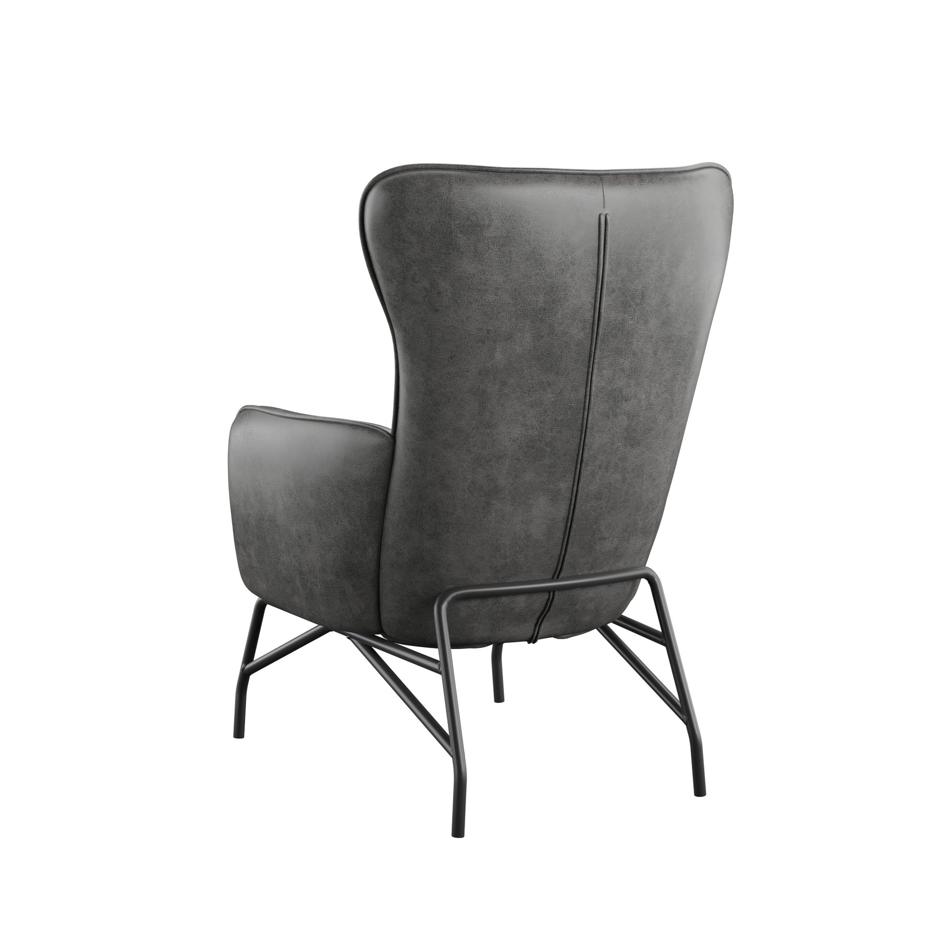 Grey leather wingback chair with black metal legs