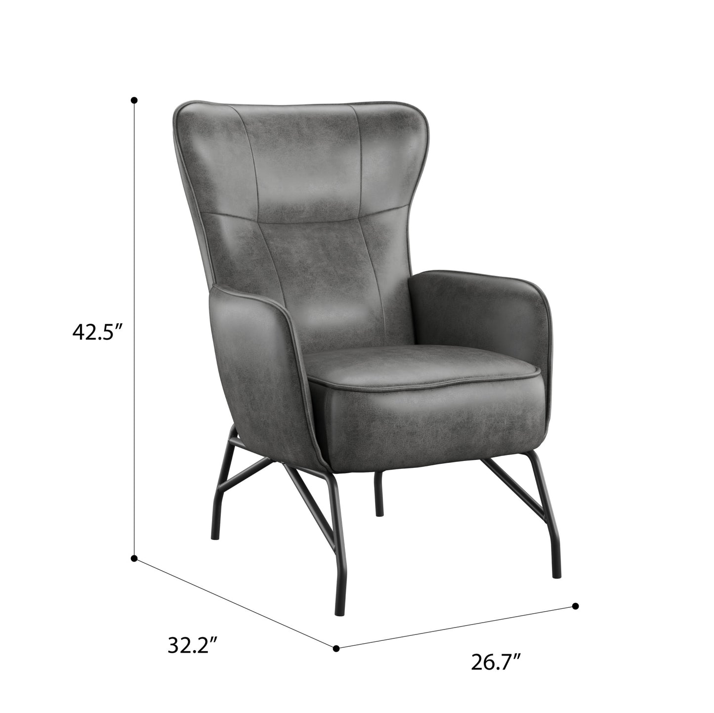 Gray faux leather accent chair with tufted back and black metal legs modern living room accent chair