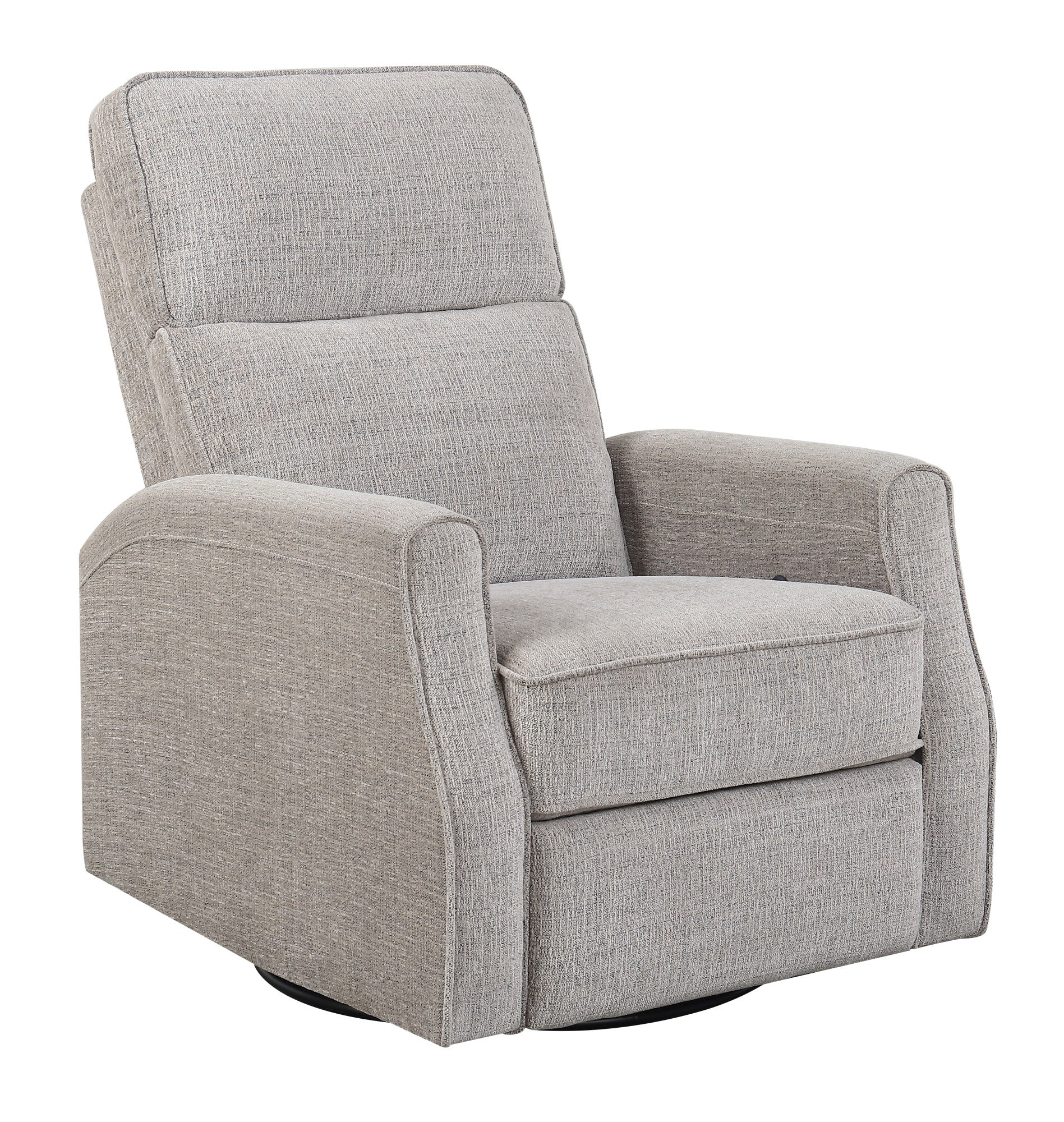 Gray upholstered swivel recliner chair with plush cushions and padded arms