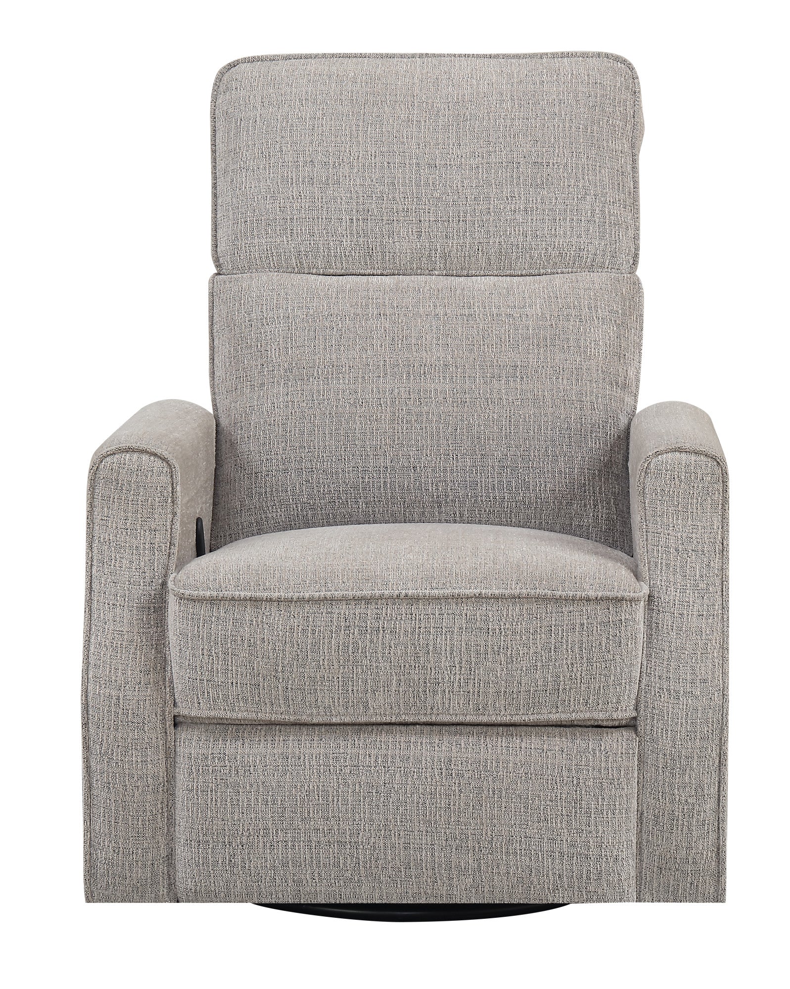 Gray fabric swivel recliner with plush cushioning