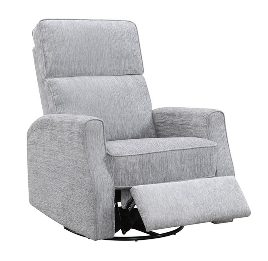 Grey fabric recliner chair with padded back and footrest