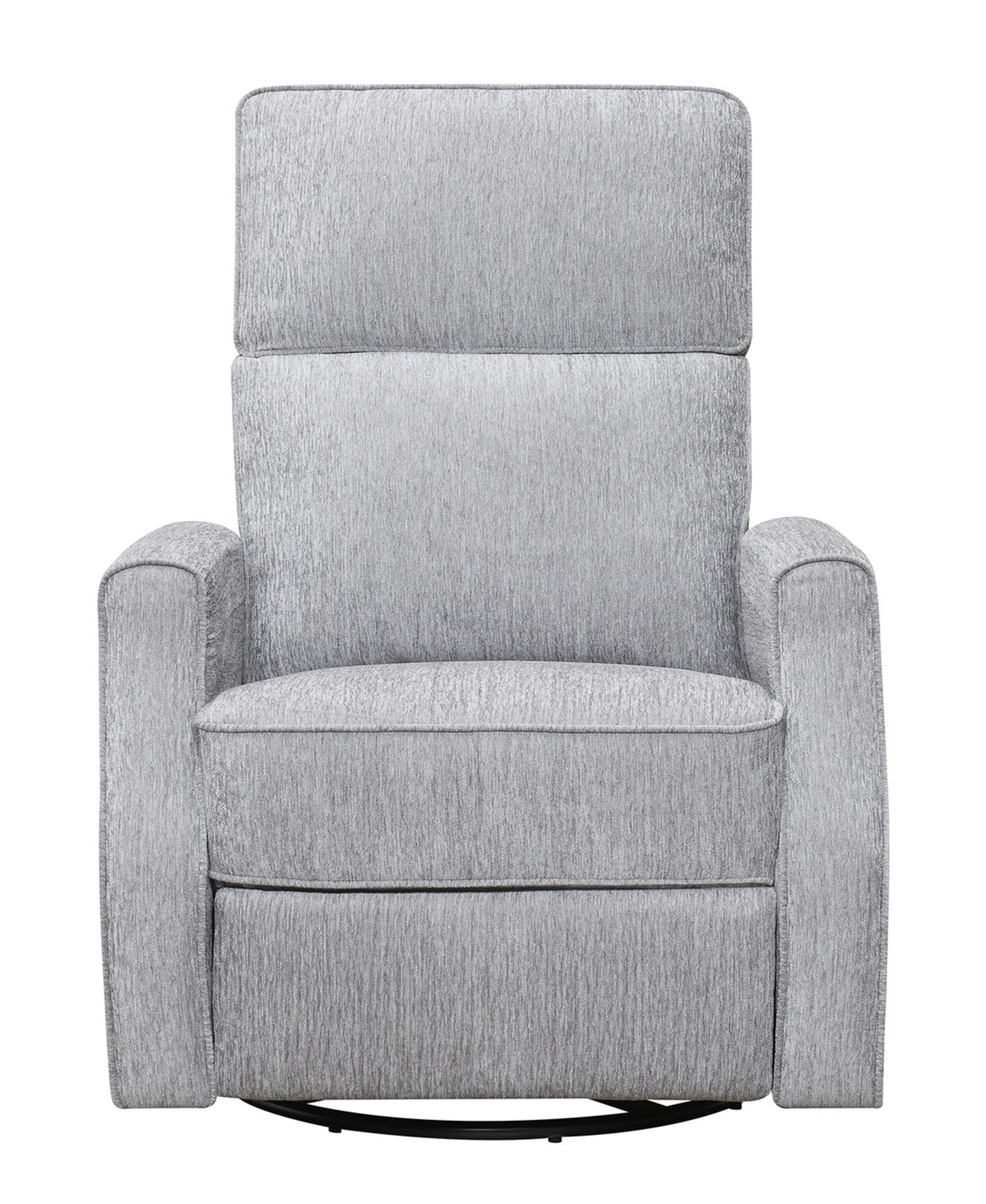 Plush gray fabric swivel recliner with padded headrest and armrests