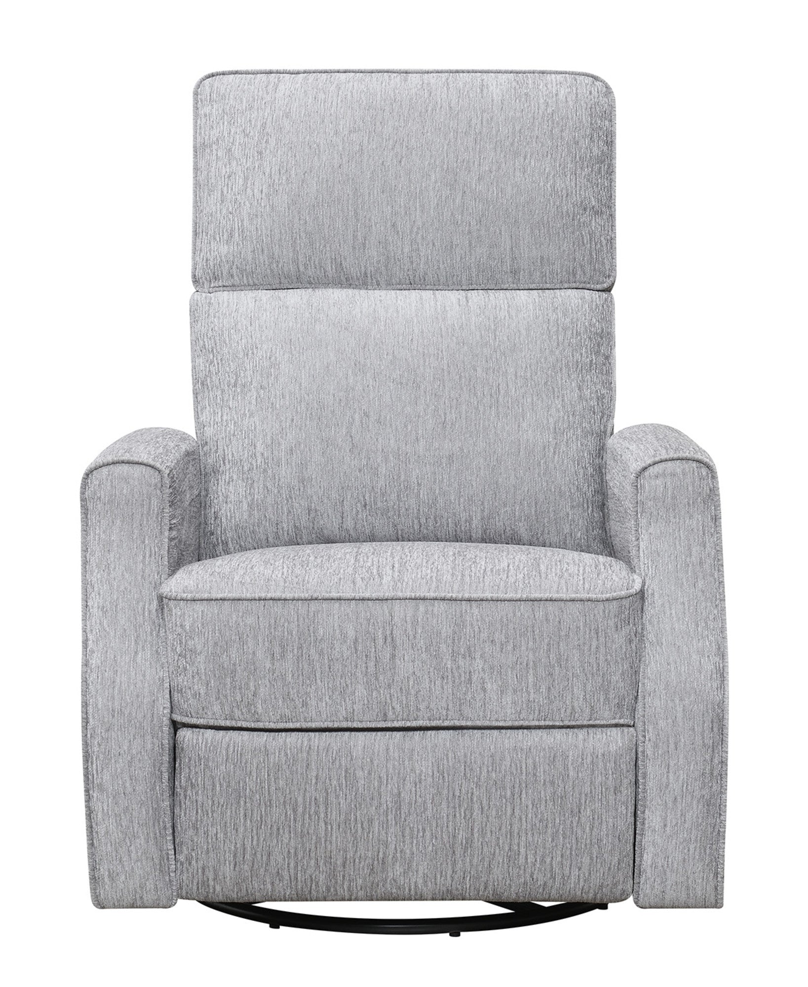 Plush gray fabric swivel recliner with padded headrest and armrests