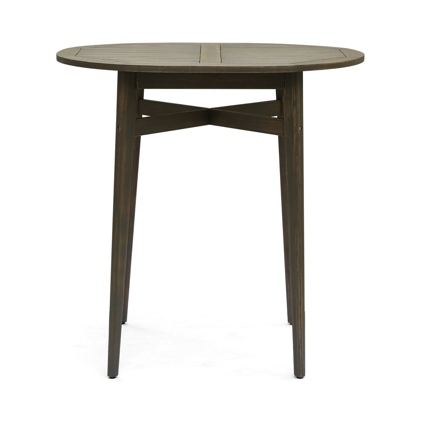 Dark brown round wooden patio table with slatted top and crossbrace legs