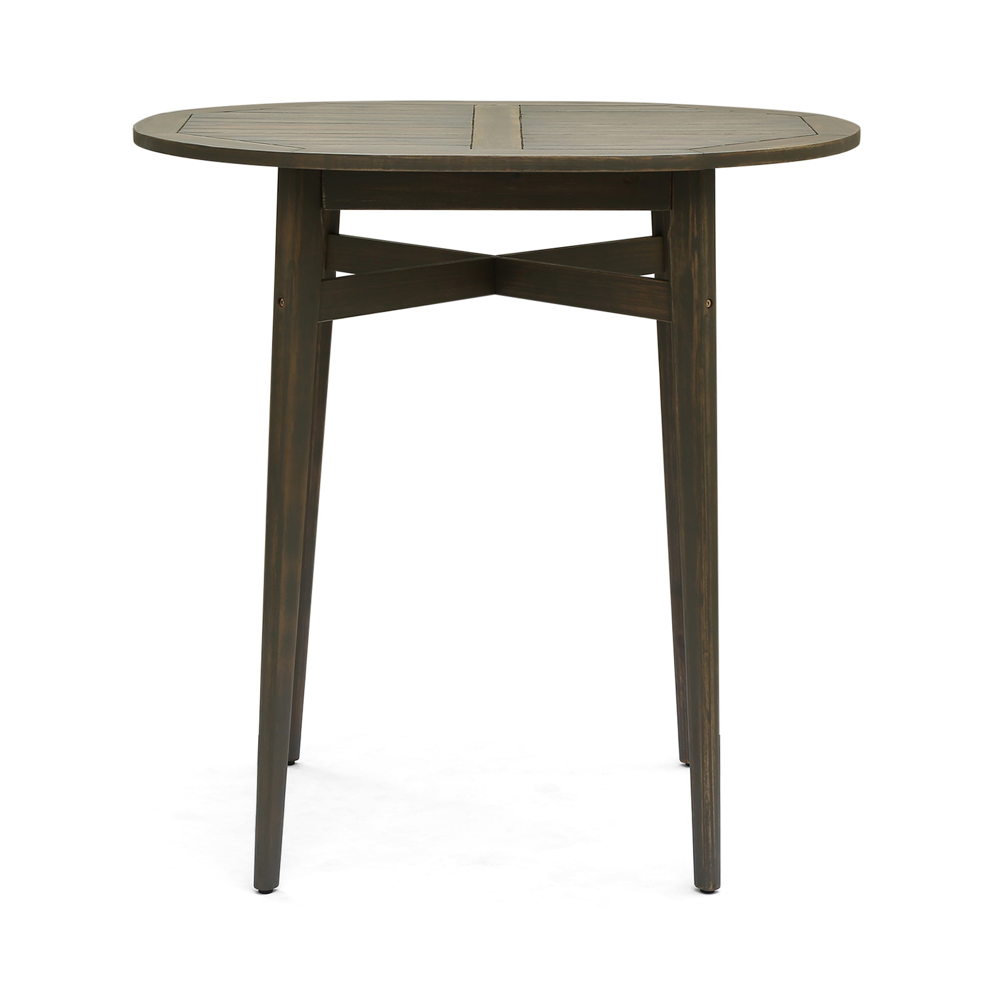 Dark brown round wooden patio table with slatted top and crossbrace legs