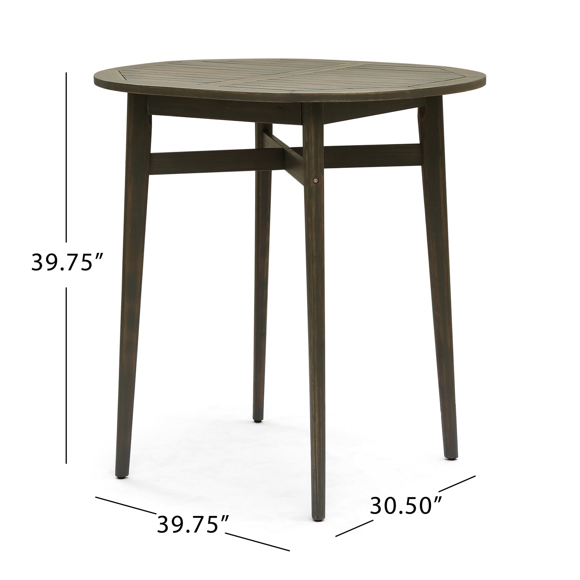 Dark wood round patio bar table with slatted top and tapered legs