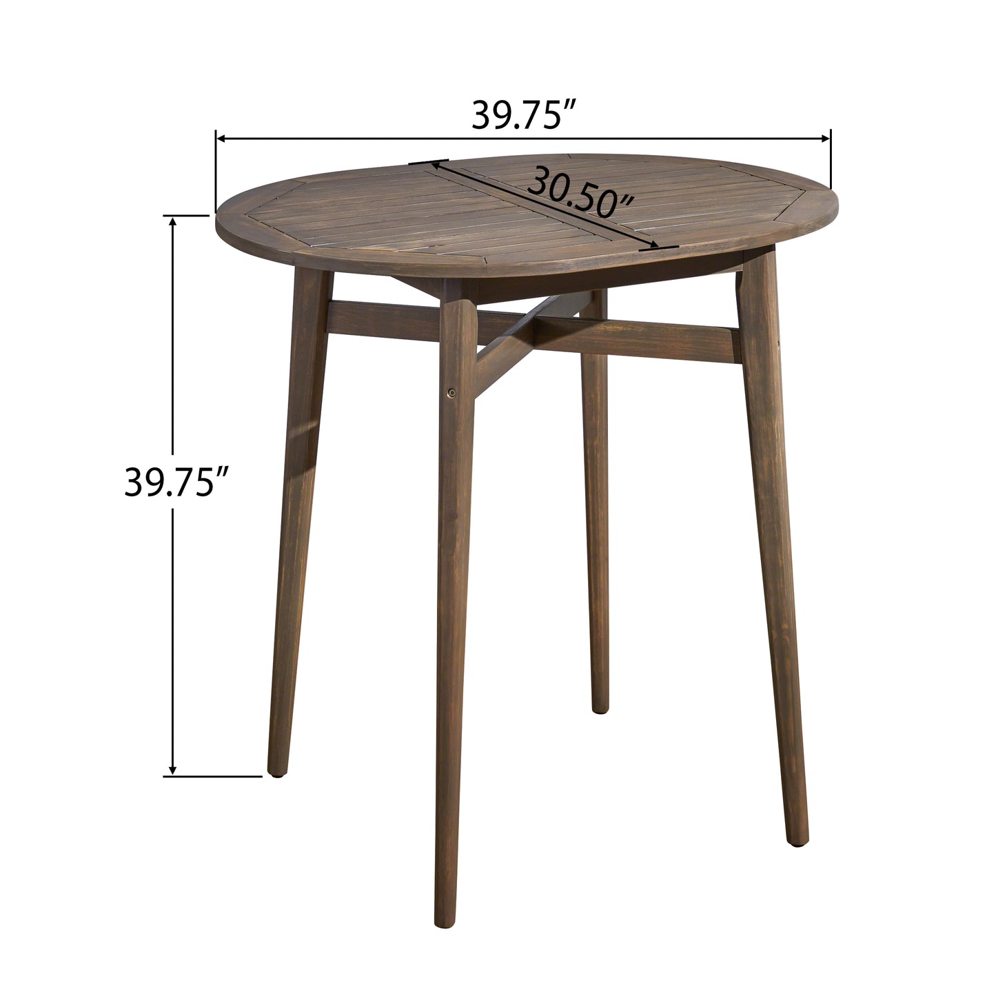 Round wooden patio table with slatted top and tapered legs