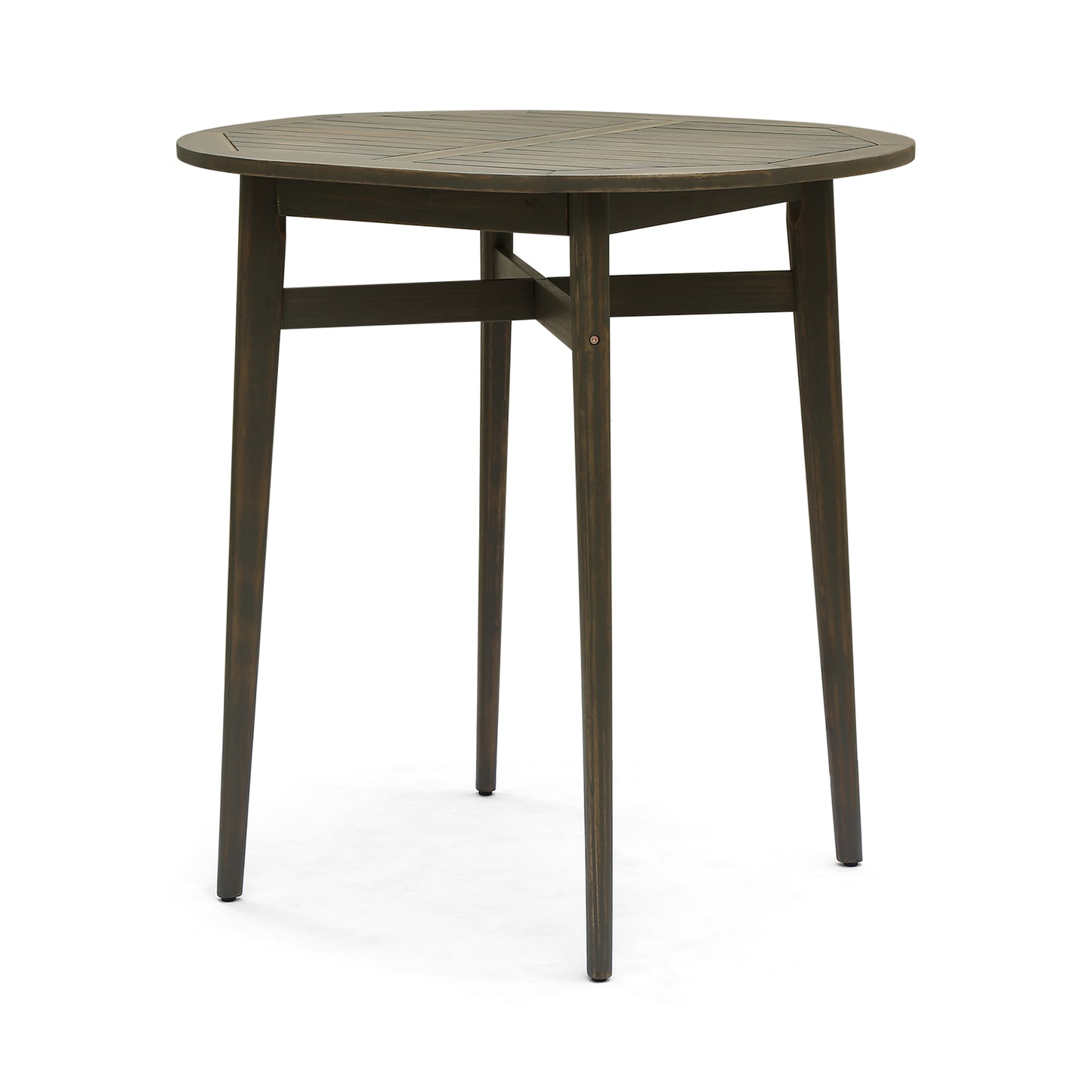 Dark wood round slatted bar table with three tapered legs and cross bracing
