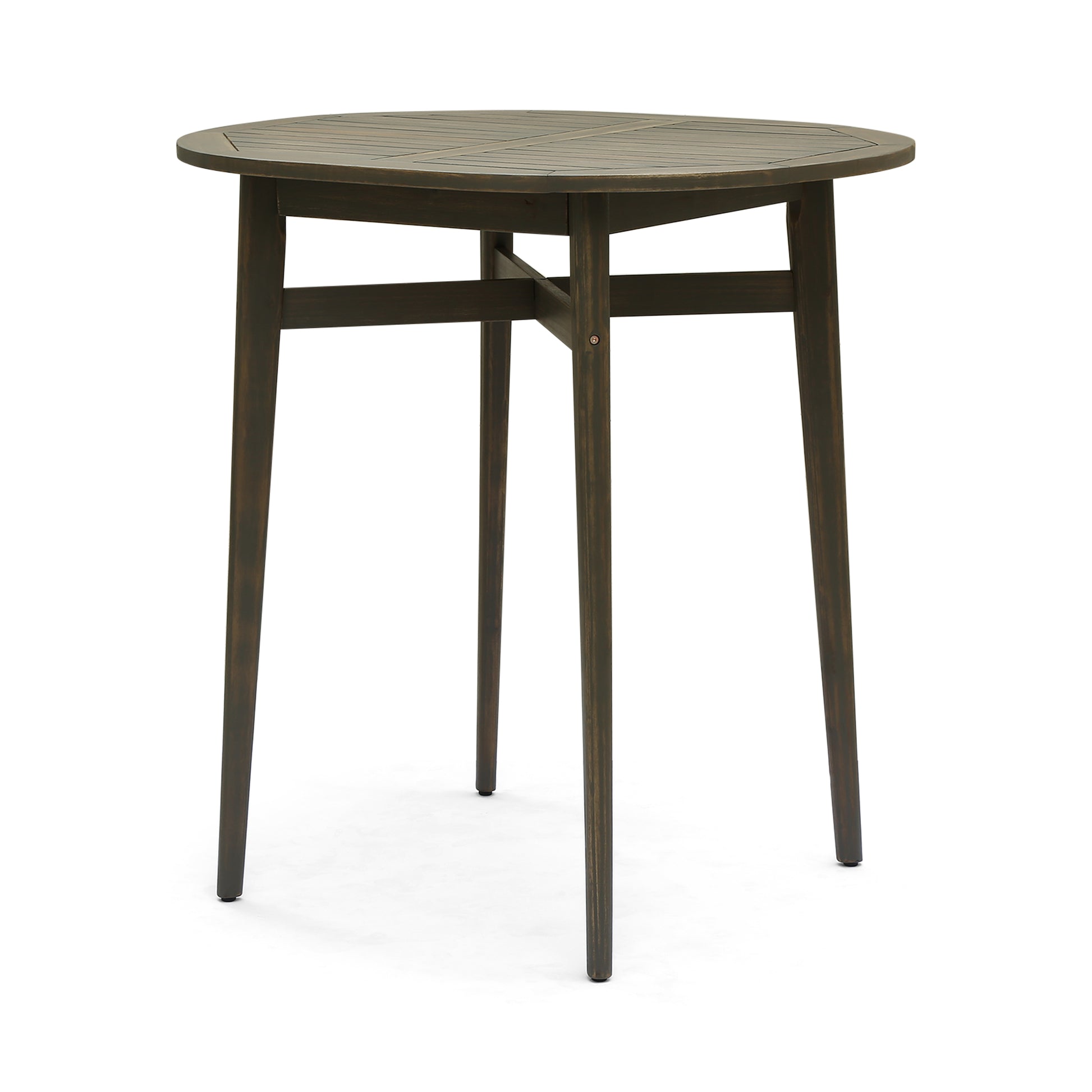 Dark wood round slatted bar table with three tapered legs and cross bracing
