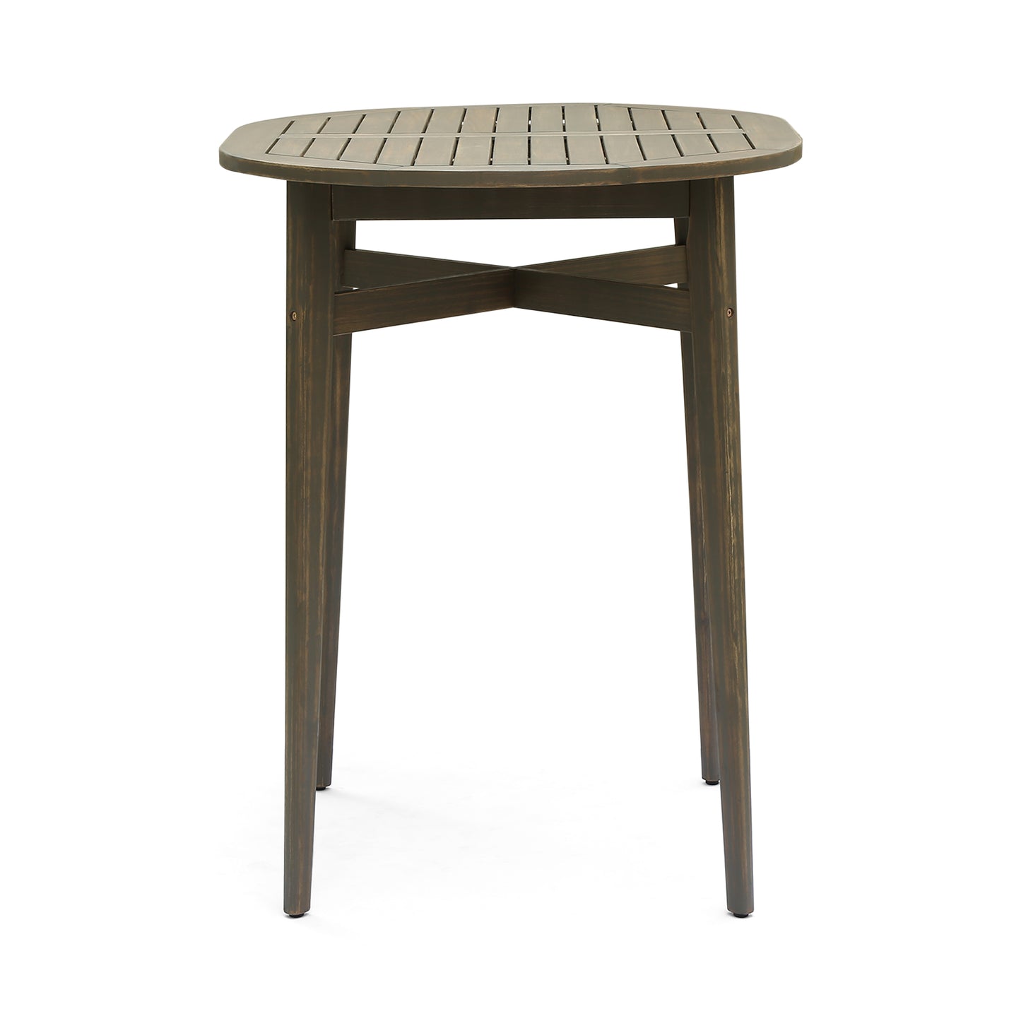 Dark wood slatted top patio bistro table with four tapered legs
