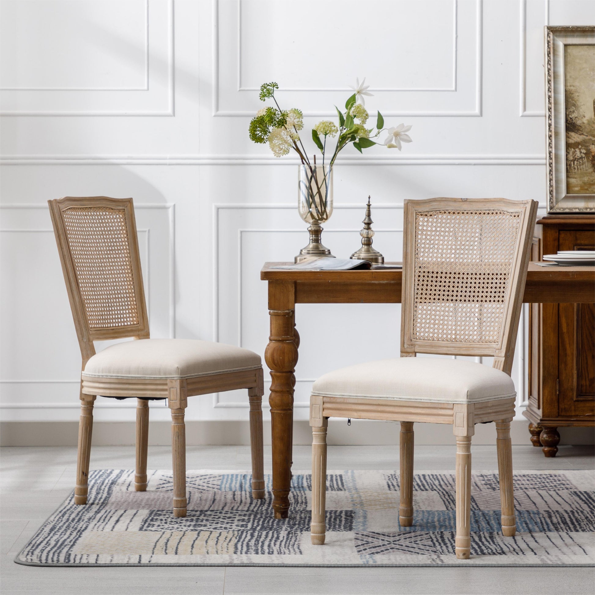 Elegant French country dining chair with rattan back