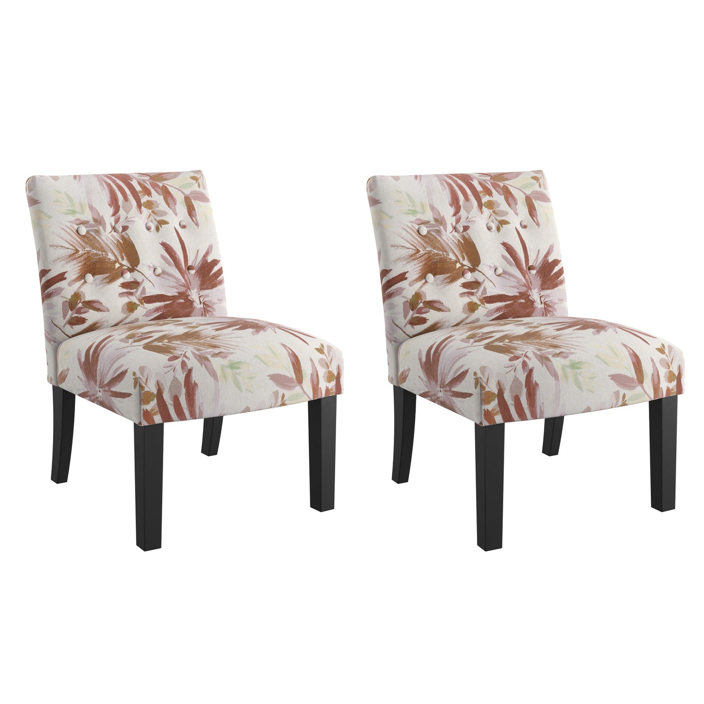 Two accent chairs with tropical leaf print fabric and dark wood legs