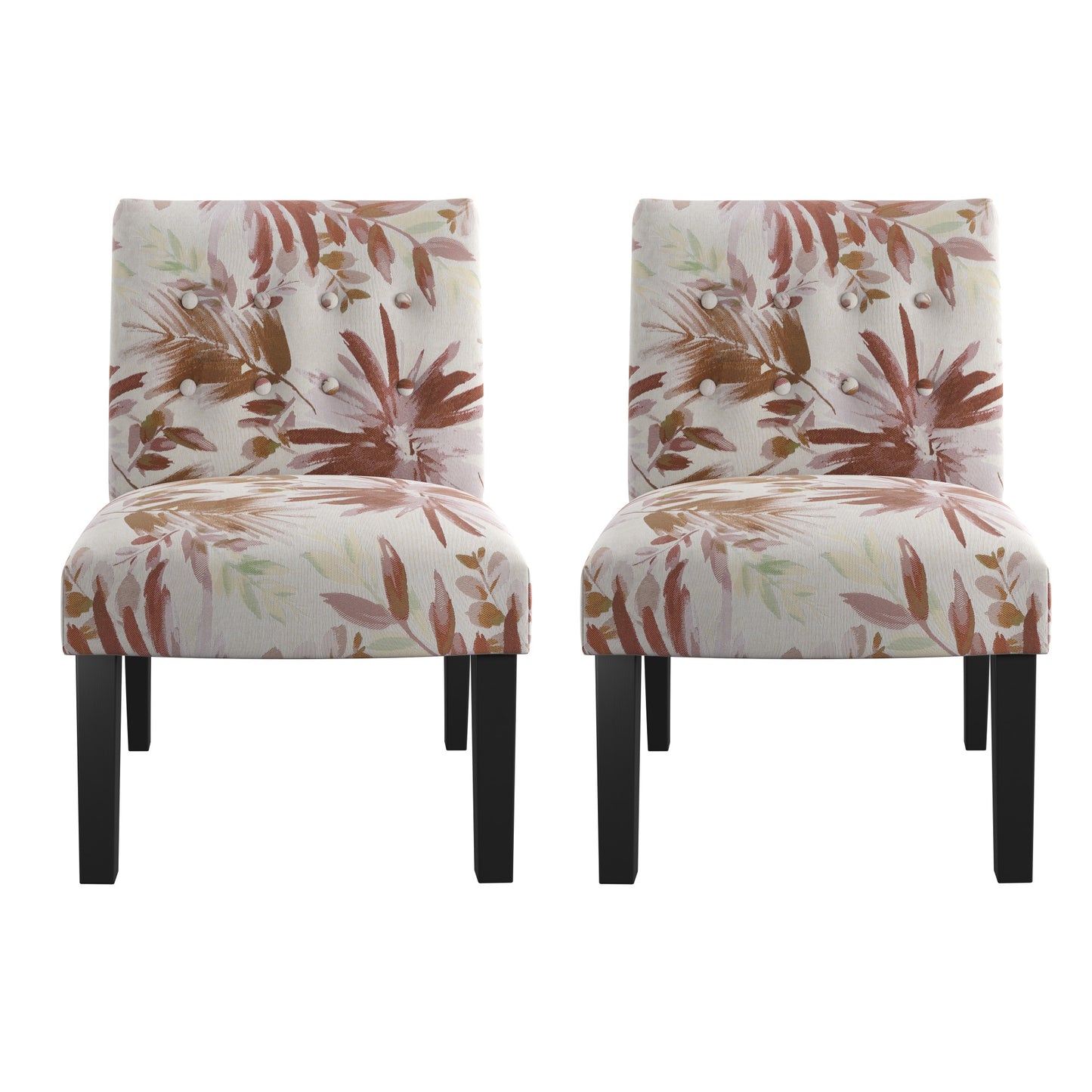 Two upholstered accent chairs with a botanical floral print in earthy tones and button tufting