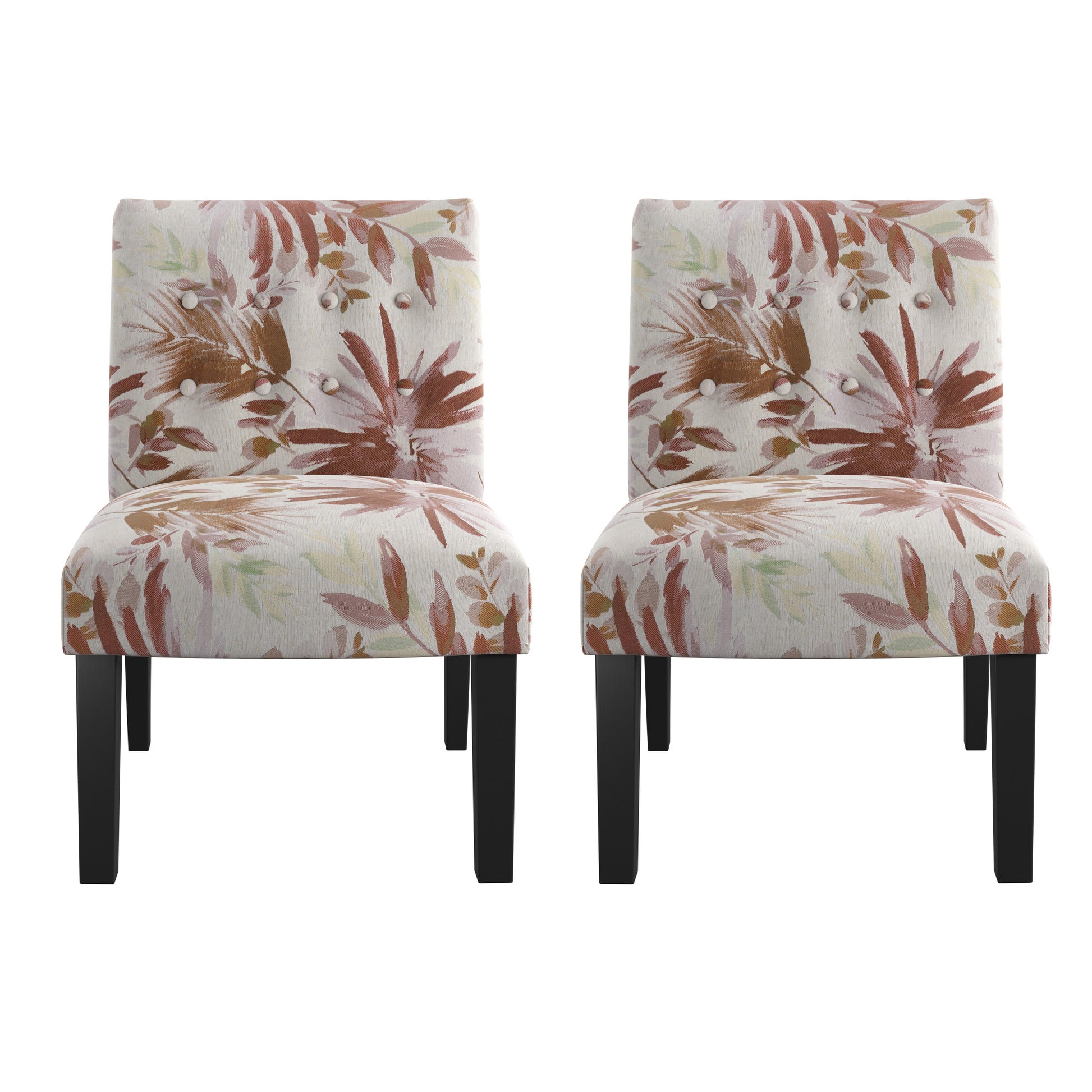 Two upholstered accent chairs with a botanical floral print in earthy tones and button tufting