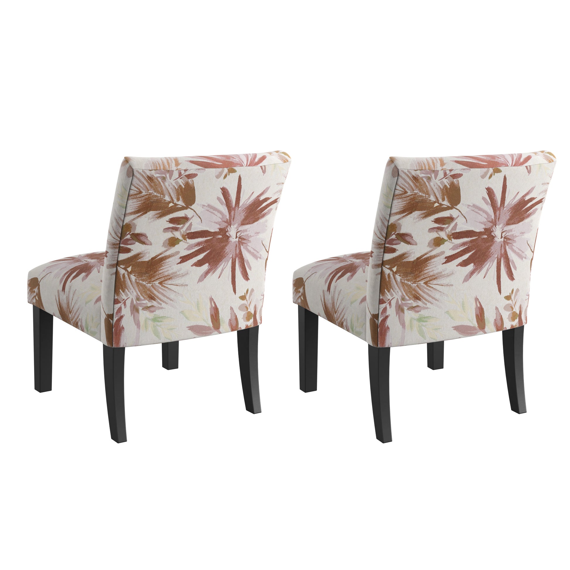 Accent chair with cream fabric featuring a muted floral pattern and dark wood legs
