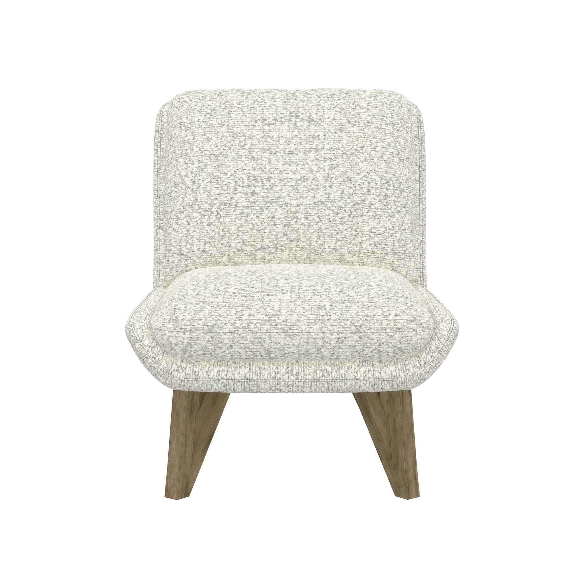 Textured accent chair in cream and grey fabric with tapered wooden legs