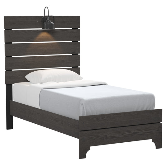 Dark gray wooden twin bed frame with horizontal slats and integrated black barn light fixture